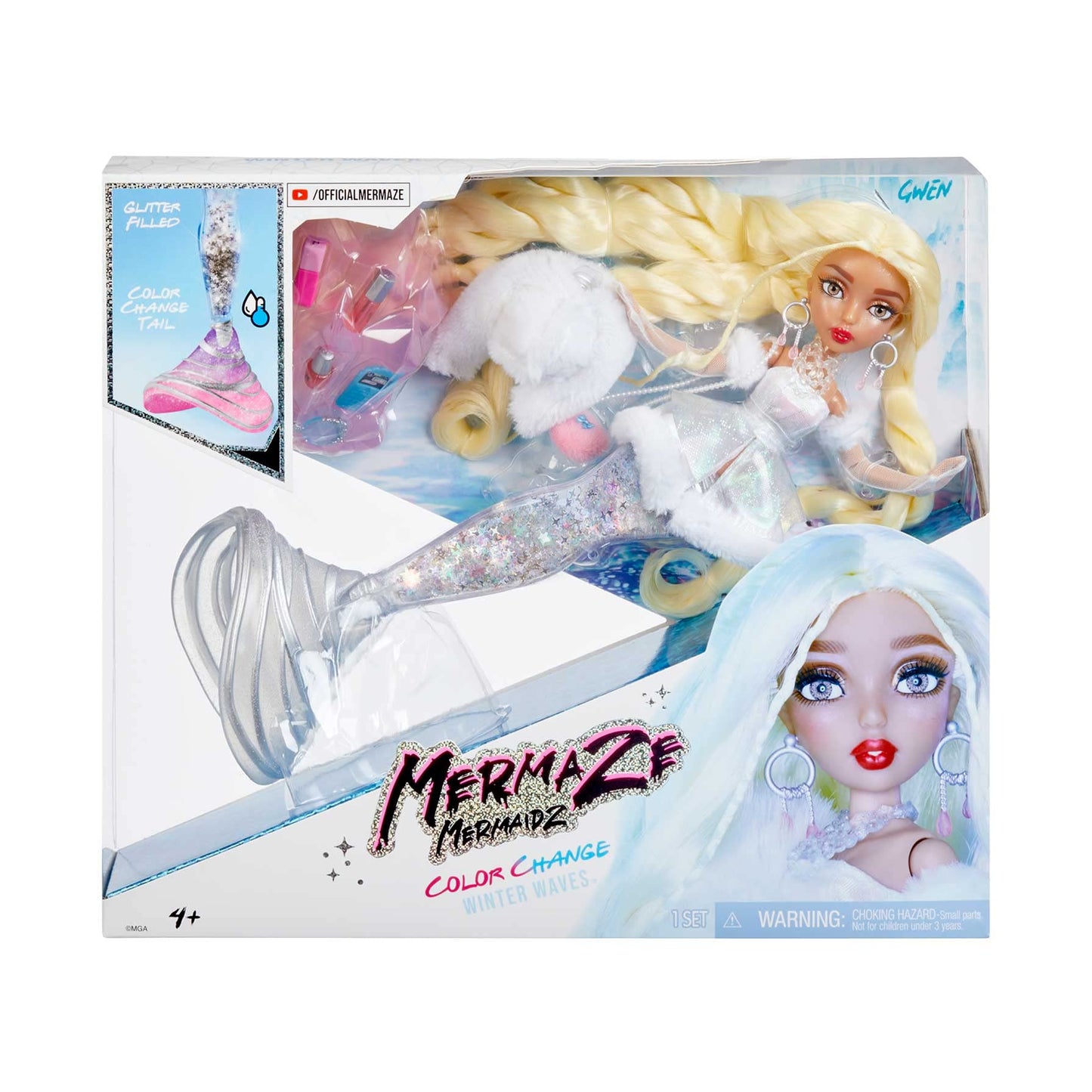 MERMAZE MERMAIDZ Gwen Winter Waves 13.5-Inch Mermaid Doll with Glitter Tail & Color-Change Fin