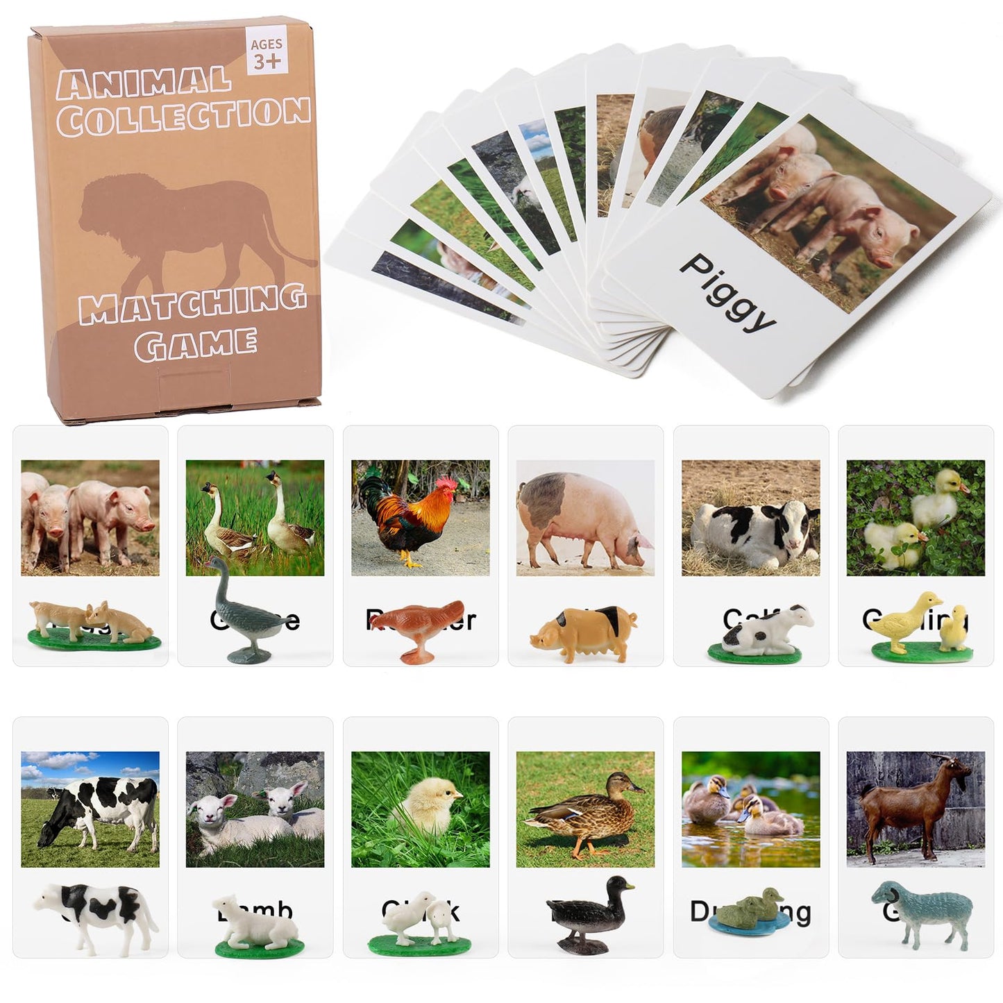 MEROCO Montessori Animal Match – Farm Animal Cards & Figurines for Preschool Learning NEWT033