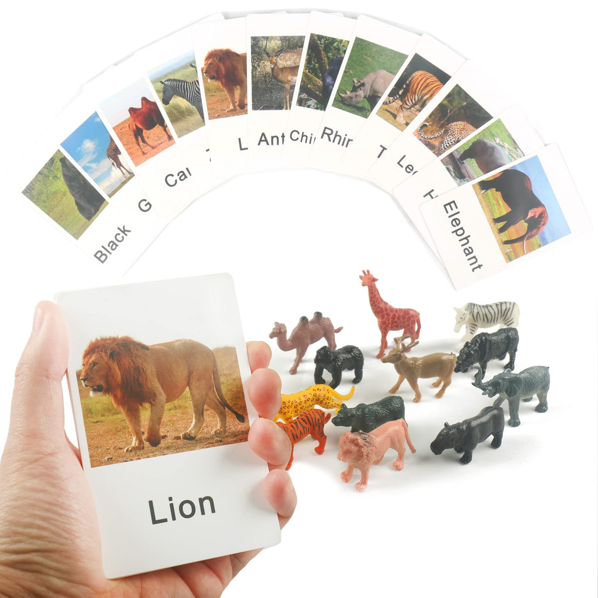 MEROCO Montessori Zoo Safari Match – 12 Cards & 12 Animal Figurines for Preschool Learning