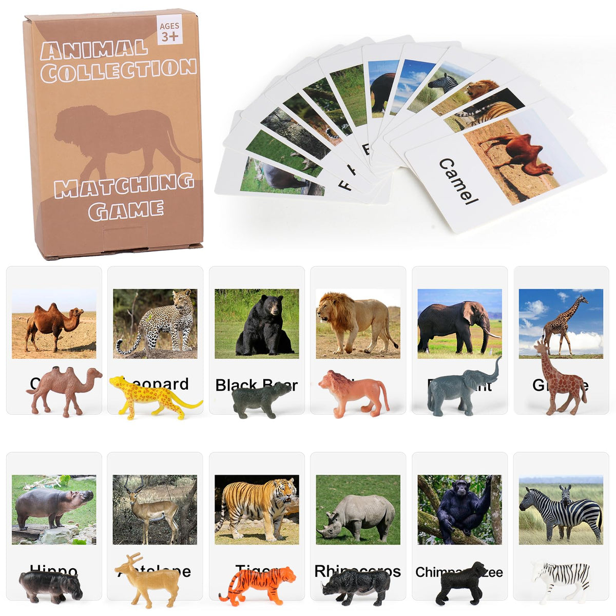 MEROCO Montessori Zoo Safari Match – 12 Cards & 12 Animal Figurines for Preschool Learning