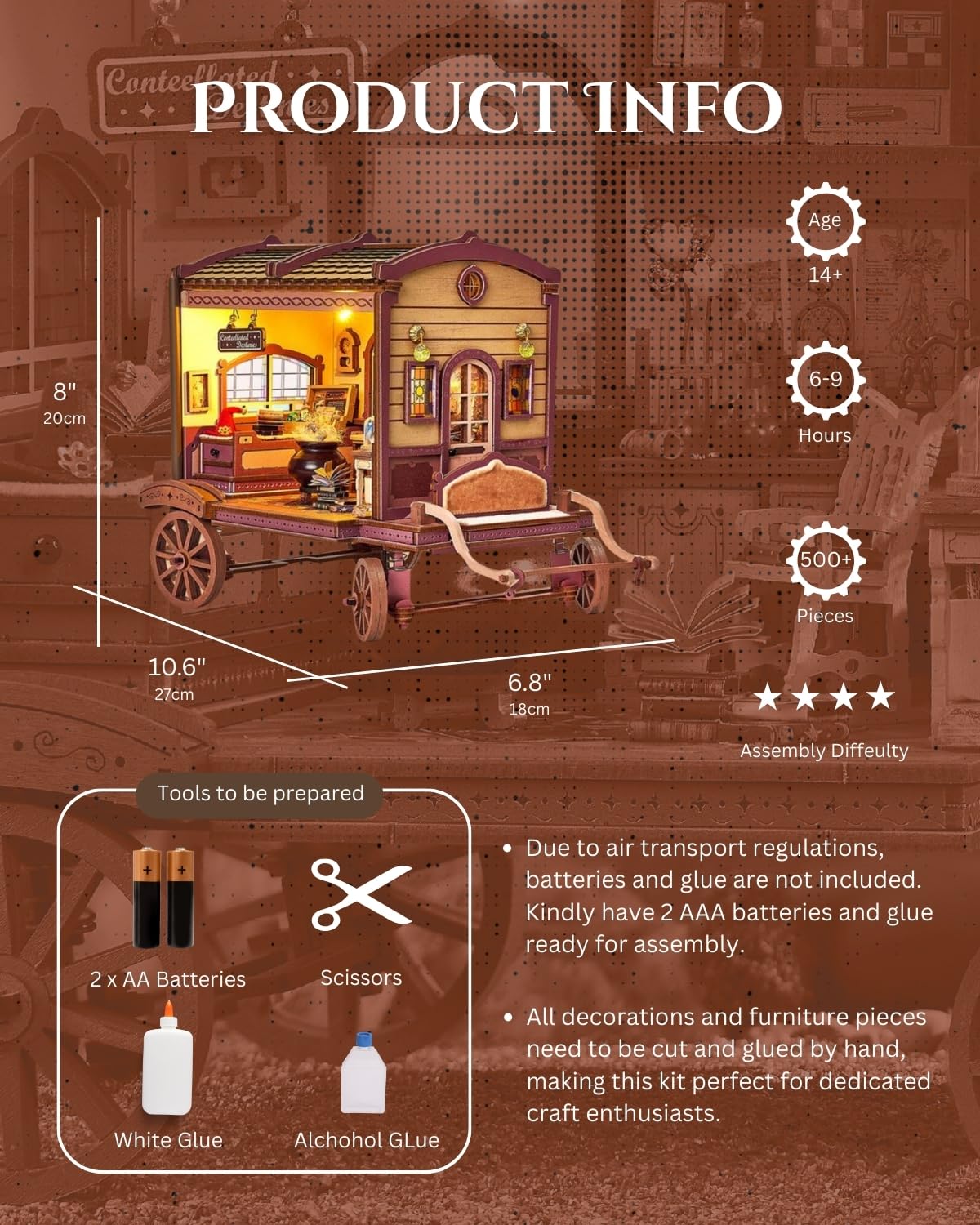 Merrifete Traveling Magic Shop DIY Miniature Carriage Kit with LED Light | Wooden Dollhouse & 3D Puzzle