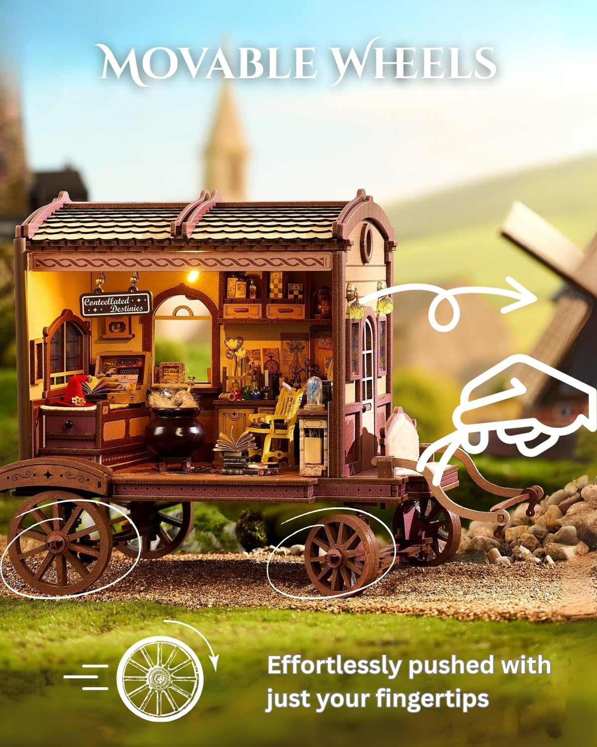 Merrifete Traveling Magic Shop DIY Miniature Carriage Kit with LED Light | Wooden Dollhouse & 3D Puzzle
