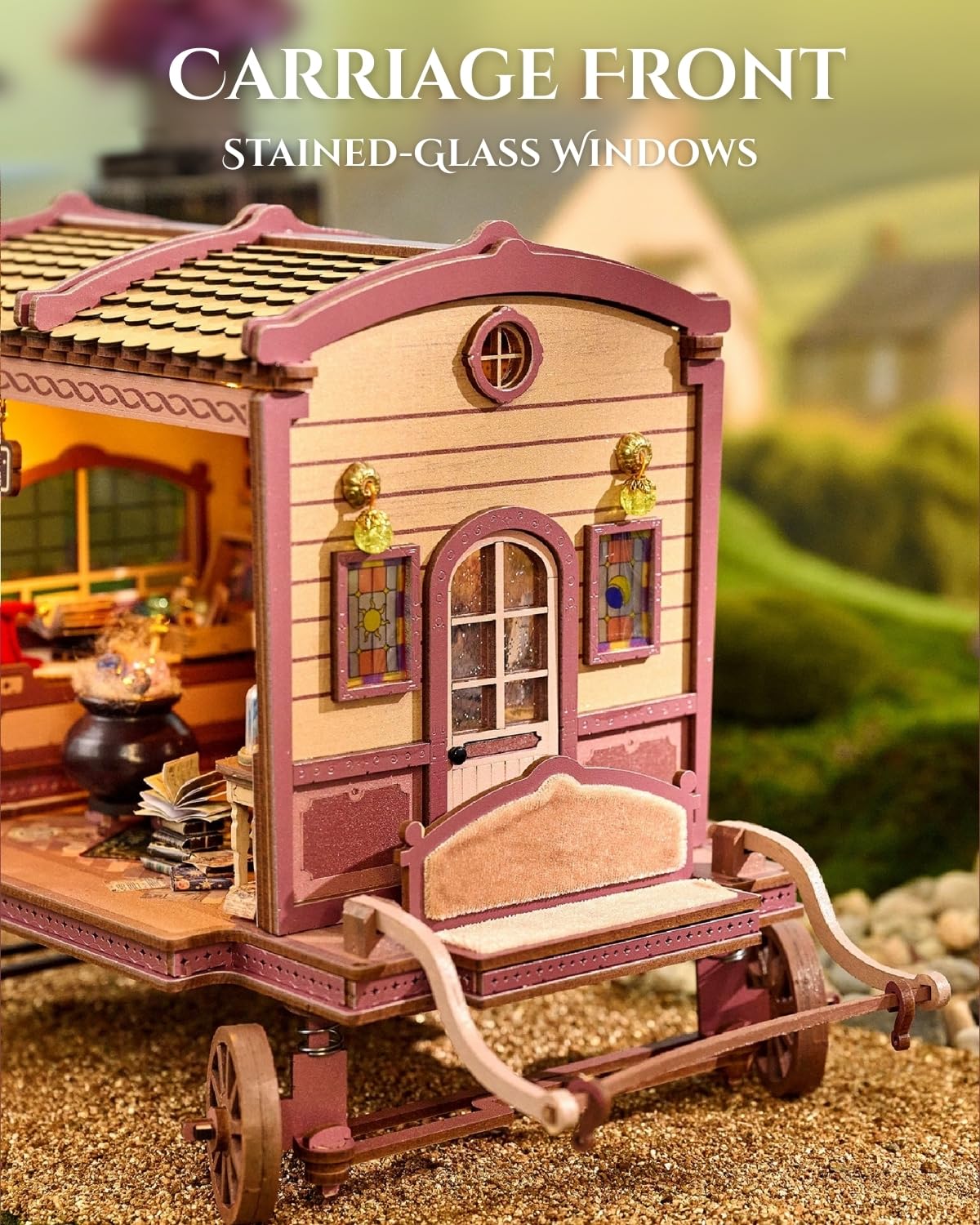 Merrifete Traveling Magic Shop DIY Miniature Carriage Kit with LED Light | Wooden Dollhouse & 3D Puzzle