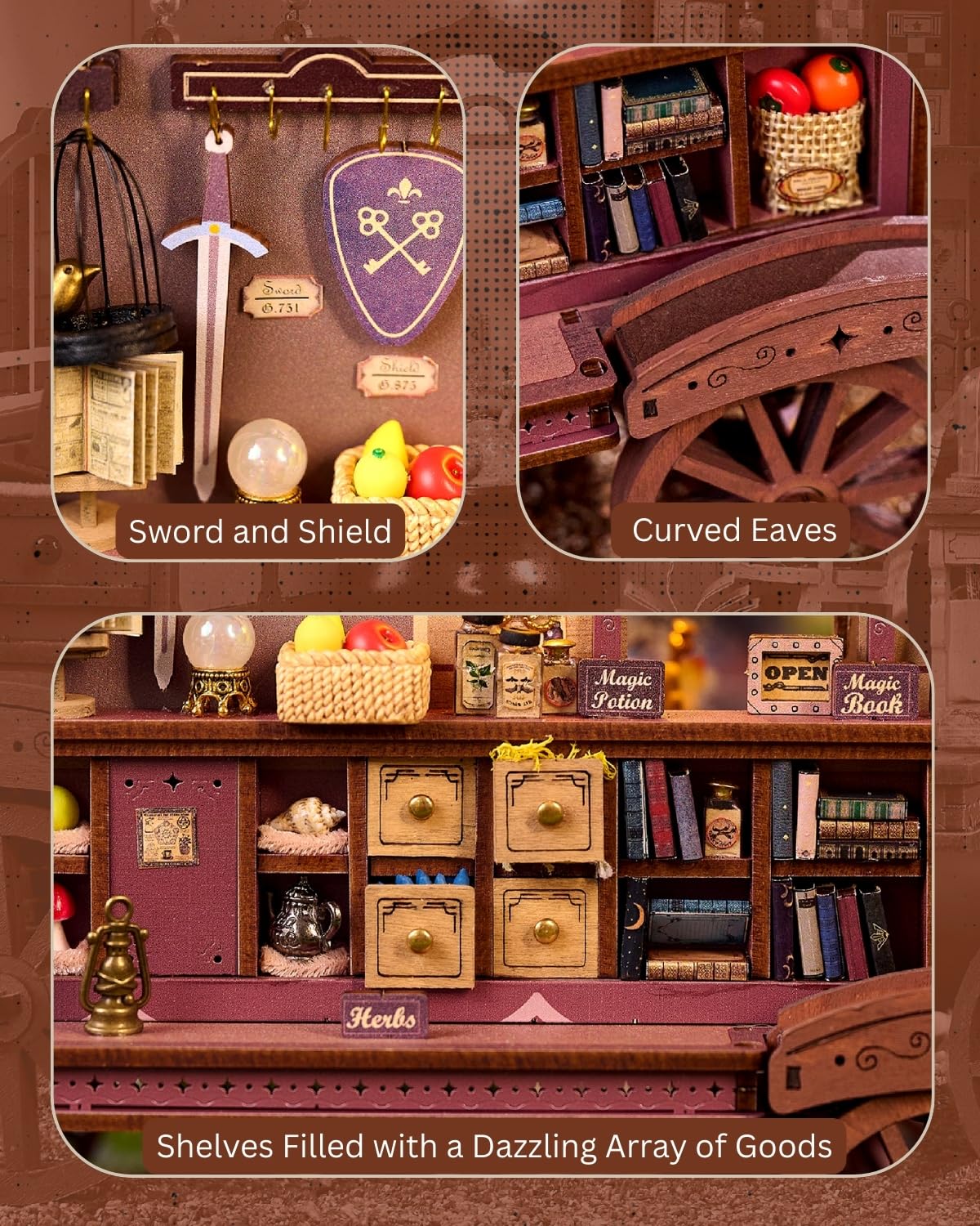 Merrifete Traveling Magic Shop DIY Miniature Carriage Kit with LED Light | Wooden Dollhouse & 3D Puzzle