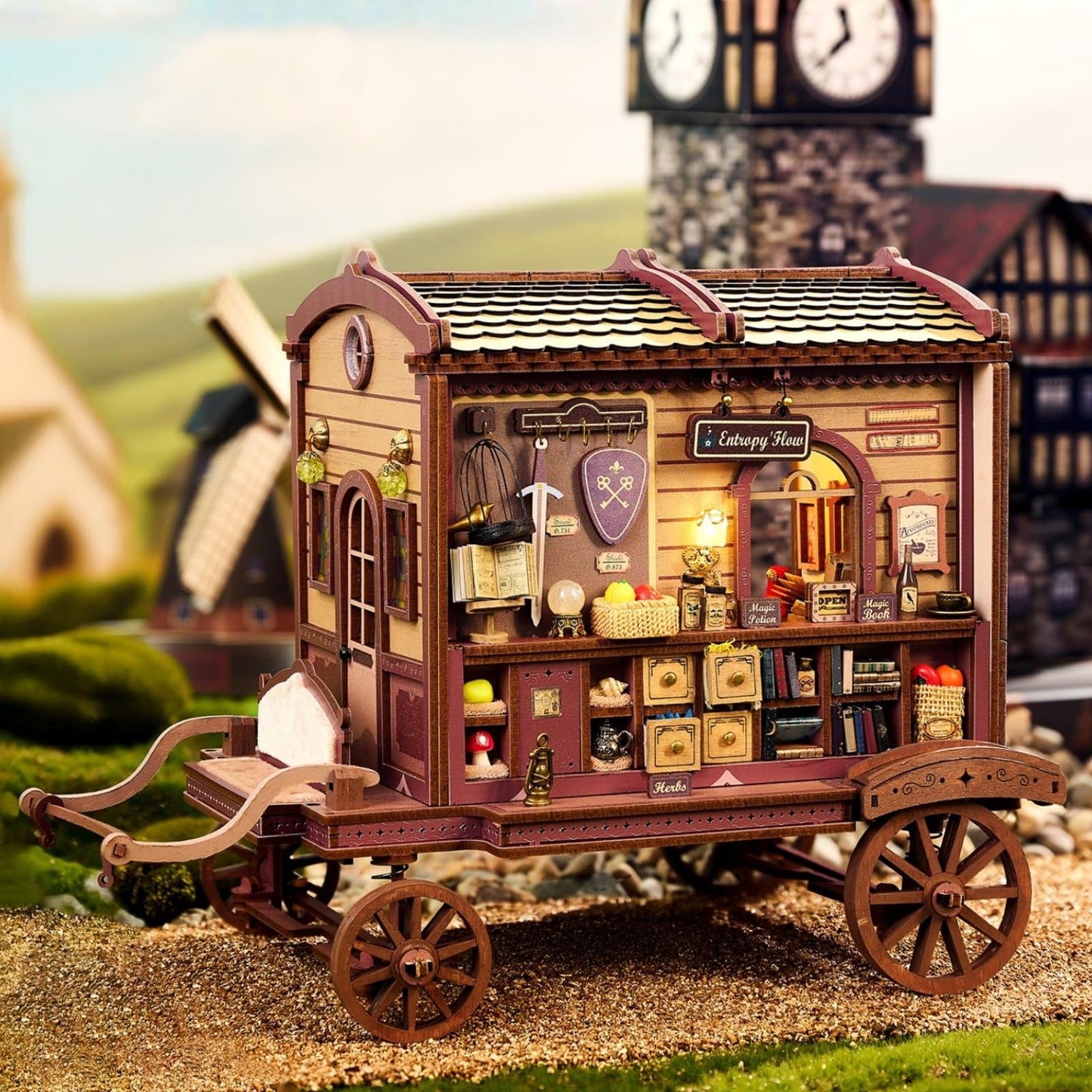 Merrifete Traveling Magic Shop DIY Miniature Carriage Kit with LED Light | Wooden Dollhouse & 3D Puzzle