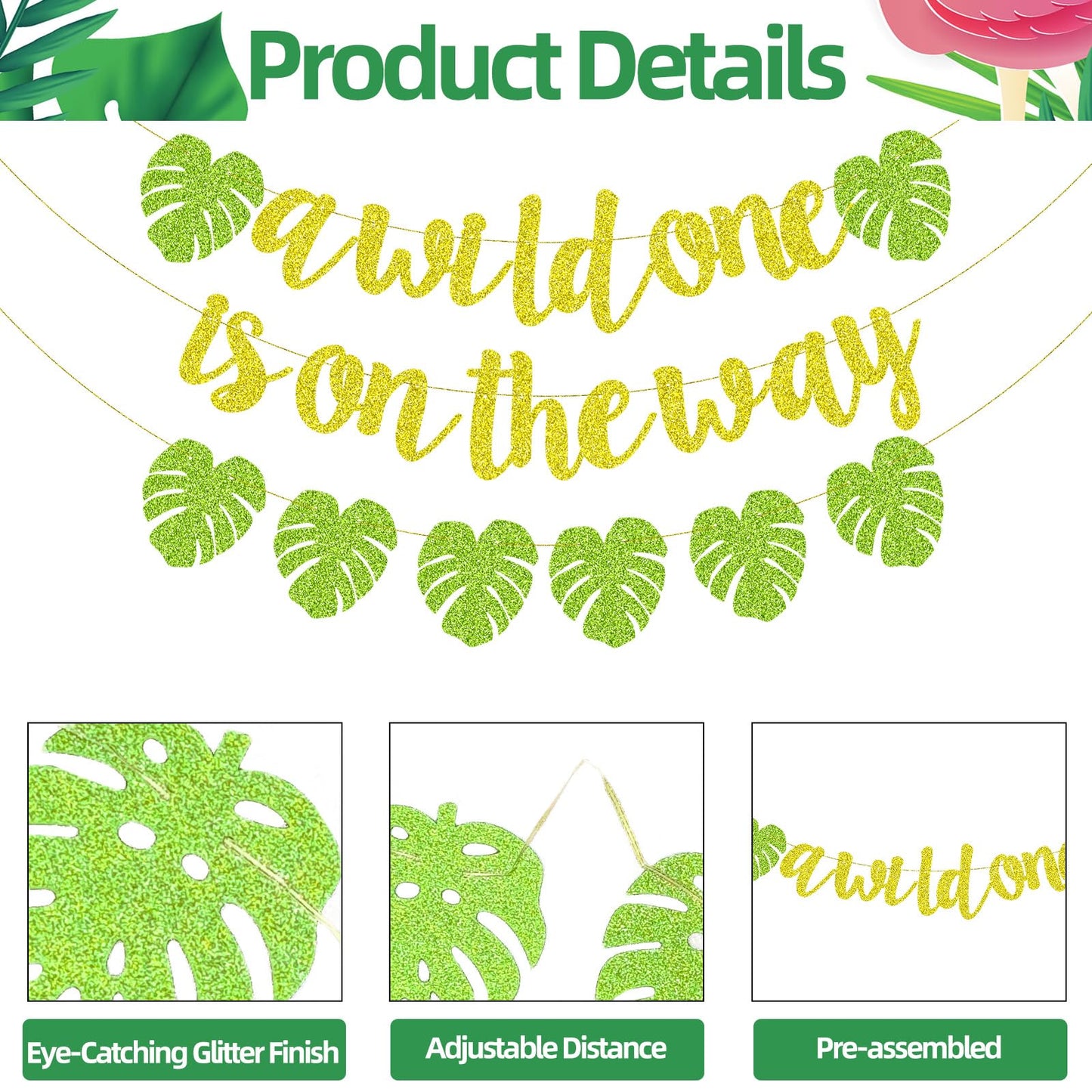 Merriva A Wild One Is On The Way Banner with Green Leaf Garland | Jungle Safari Baby Shower Decor