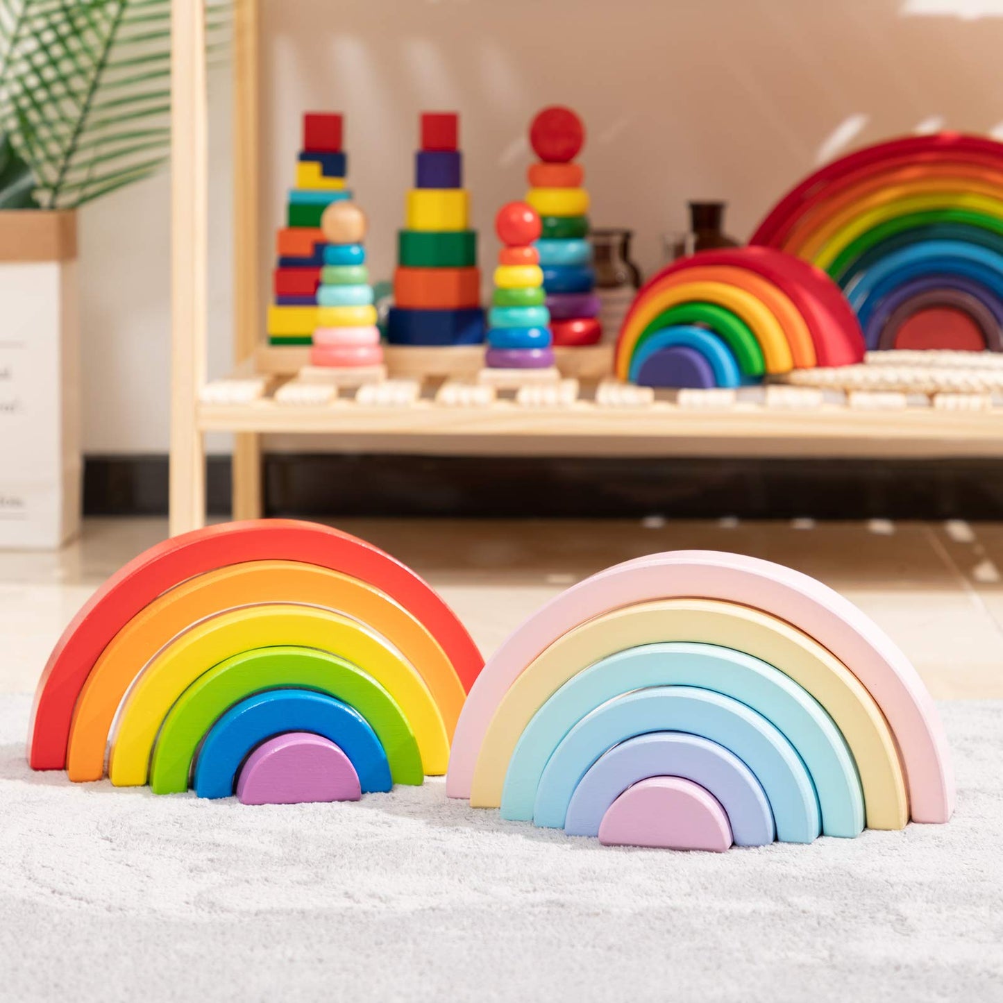 MERRYHEART Wooden Rainbow Stacking Toy – 6-Piece Montessori Arches for Toddlers & Kids