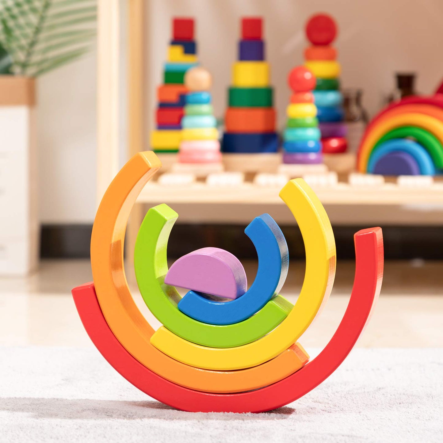 MERRYHEART Wooden Rainbow Stacking Toy – 6-Piece Montessori Arches for Toddlers & Kids