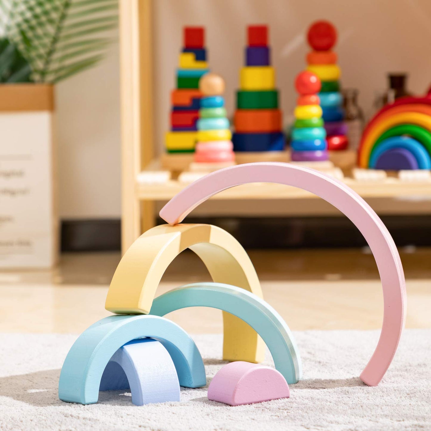 MERRYHEART Wooden Rainbow Stacking Toy – Pastel 6-Piece Montessori Toy for Toddlers
