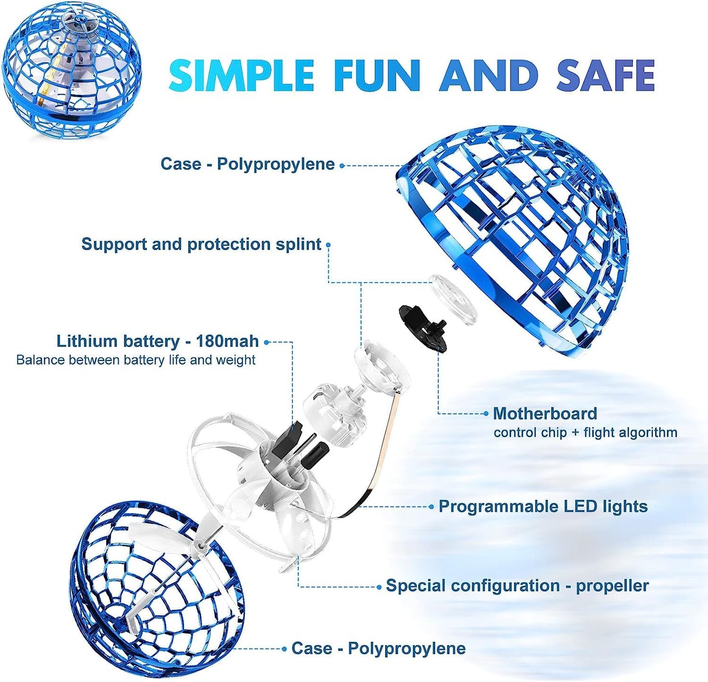 MERRYHOME Flying Orb Ball Toys | 360° Hand-Controlled Drone Orbit for Kids 6+ (Blue)