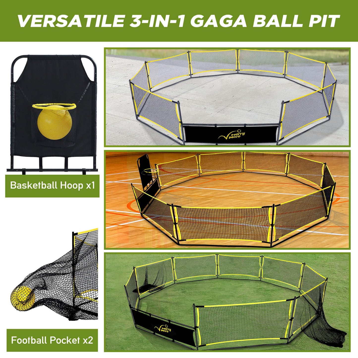 MerryMove 15FT 3-in-1 Gaga Ball Pit with Hoop & Goals | Portable Outdoor Play System