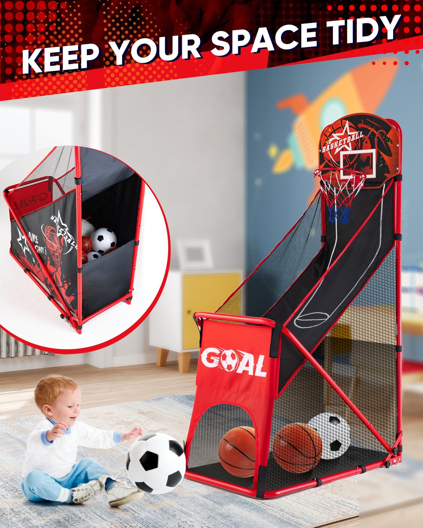MerryMove 2-in-1 Basketball Arcade & Soccer Goal Set — Foldable Indoor/Outdoor Toy for Ages 3–12