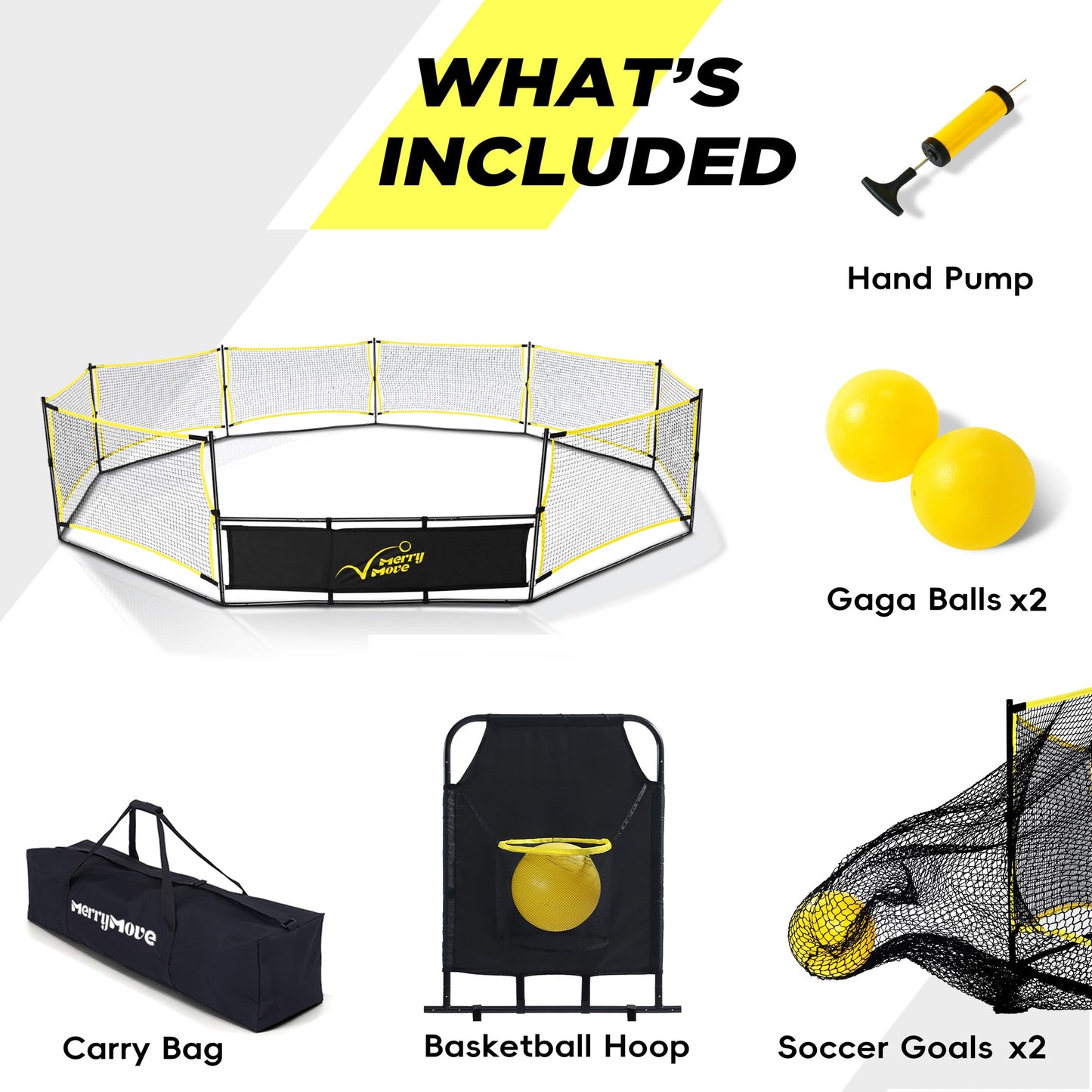 MerryMove 15FT 3-in-1 Gaga Ball Pit with Hoop & Goals | Portable Outdoor Play System