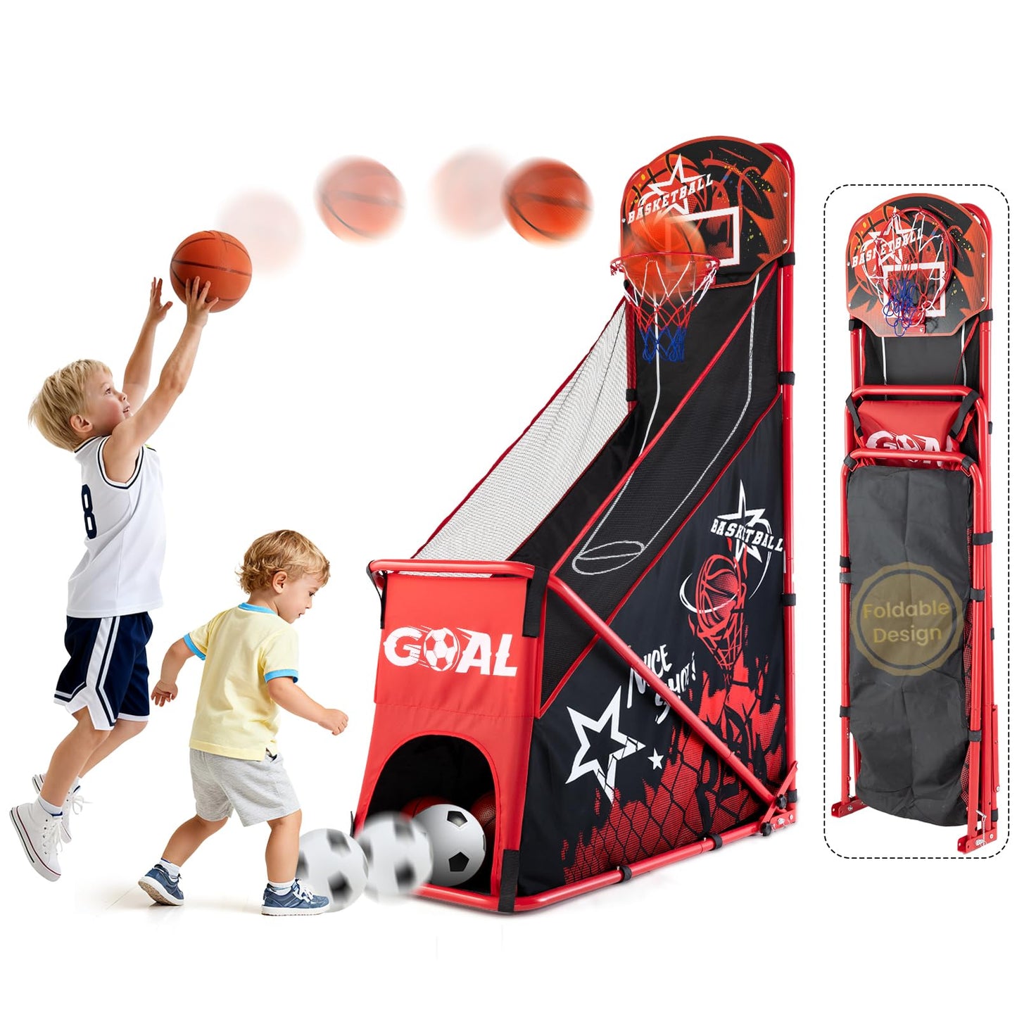 MerryMove 2-in-1 Basketball Arcade & Soccer Goal Set — Foldable Indoor/Outdoor Toy for Ages 3–12