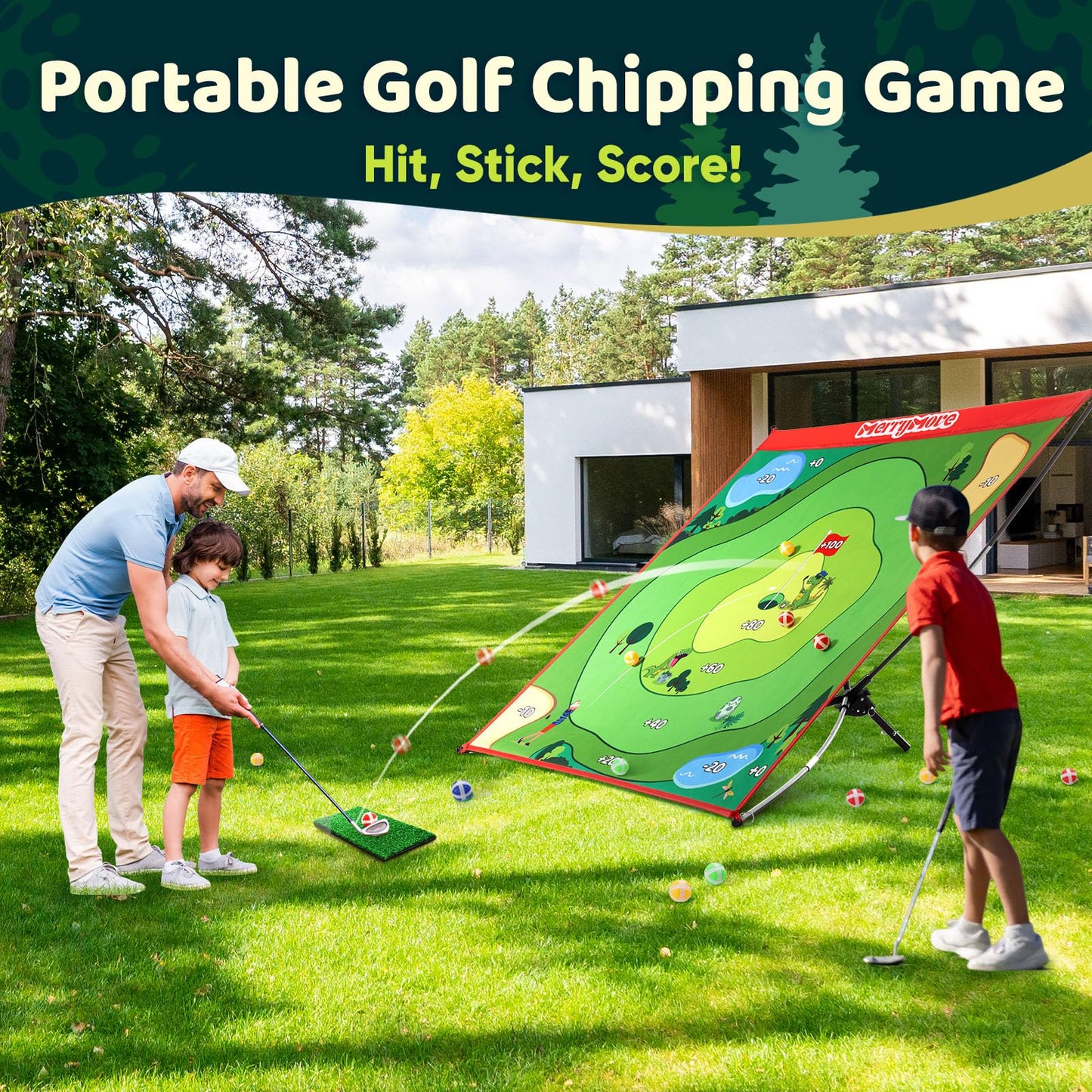 MerryMove Golf Chipping Game Set – Portable 6-Angle Adjustable Practice Mat + 20 Sticky Balls (Clubs Not Included)