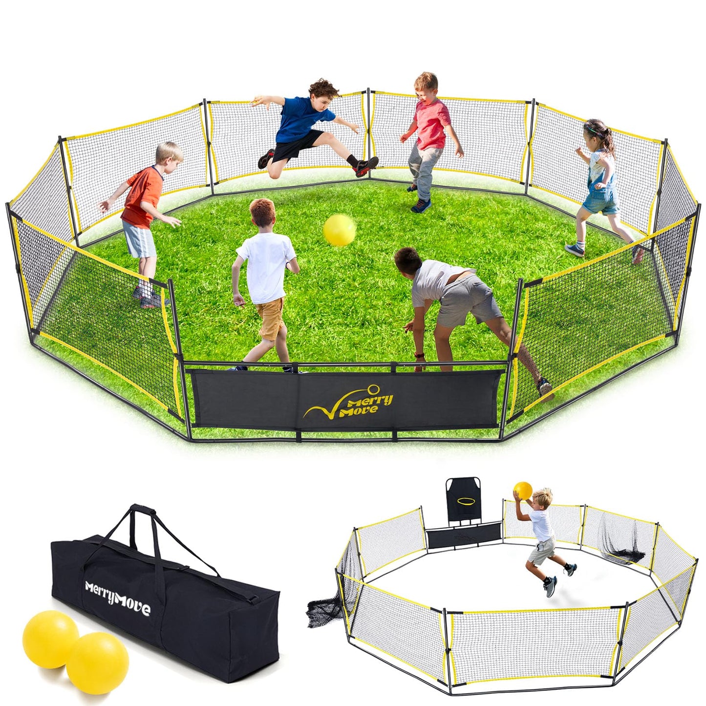 MerryMove 15FT 3-in-1 Gaga Ball Pit with Hoop & Goals | Portable Outdoor Play System