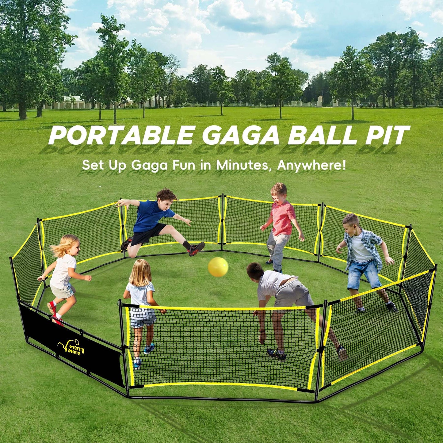 MerryMove 15FT 3-in-1 Gaga Ball Pit with Hoop & Goals | Portable Outdoor Play System