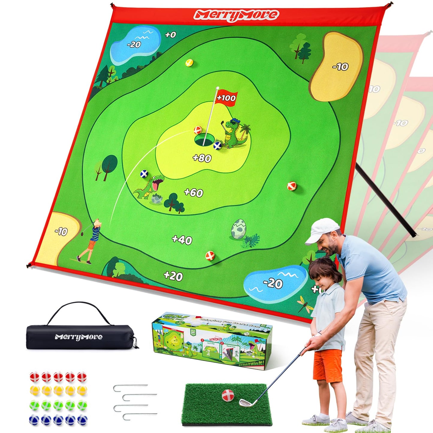MerryMove Golf Chipping Game Set – Portable 6-Angle Adjustable Practice Mat + 20 Sticky Balls (Clubs Not Included)