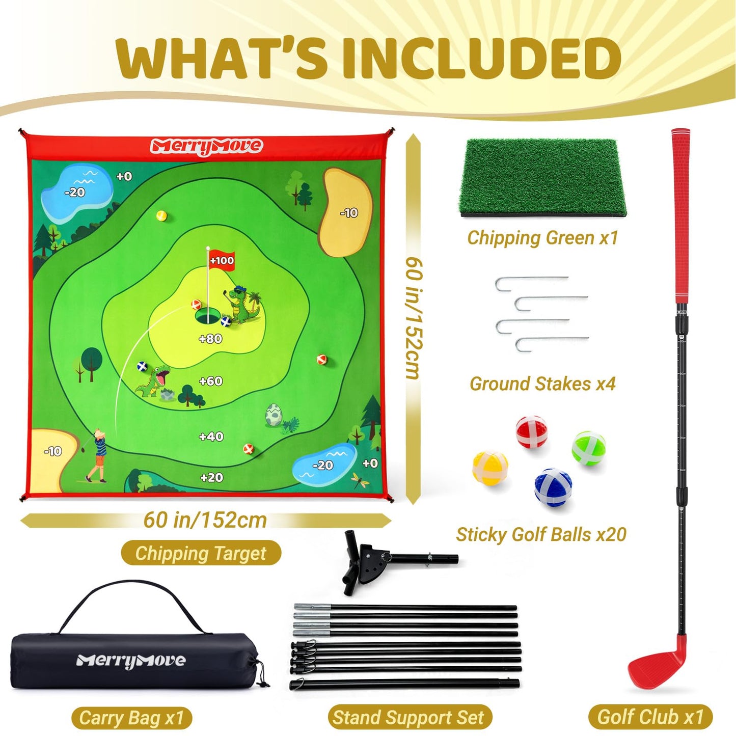 MerryMove Golf Chipping Game Set – Large Mat, Adjustable Club, 20 Sticky Balls