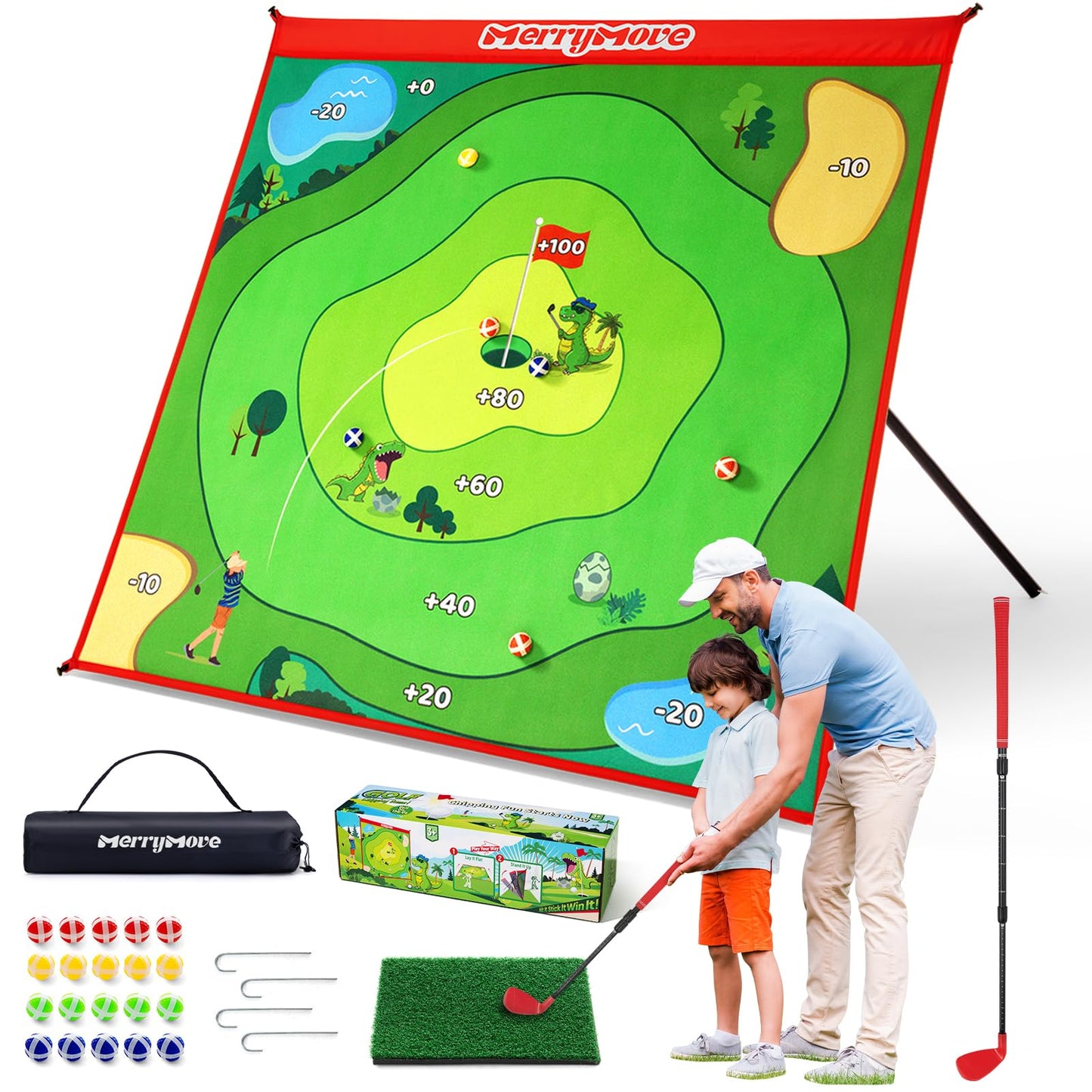 MerryMove Golf Chipping Game Set – Large Mat, Adjustable Club, 20 Sticky Balls