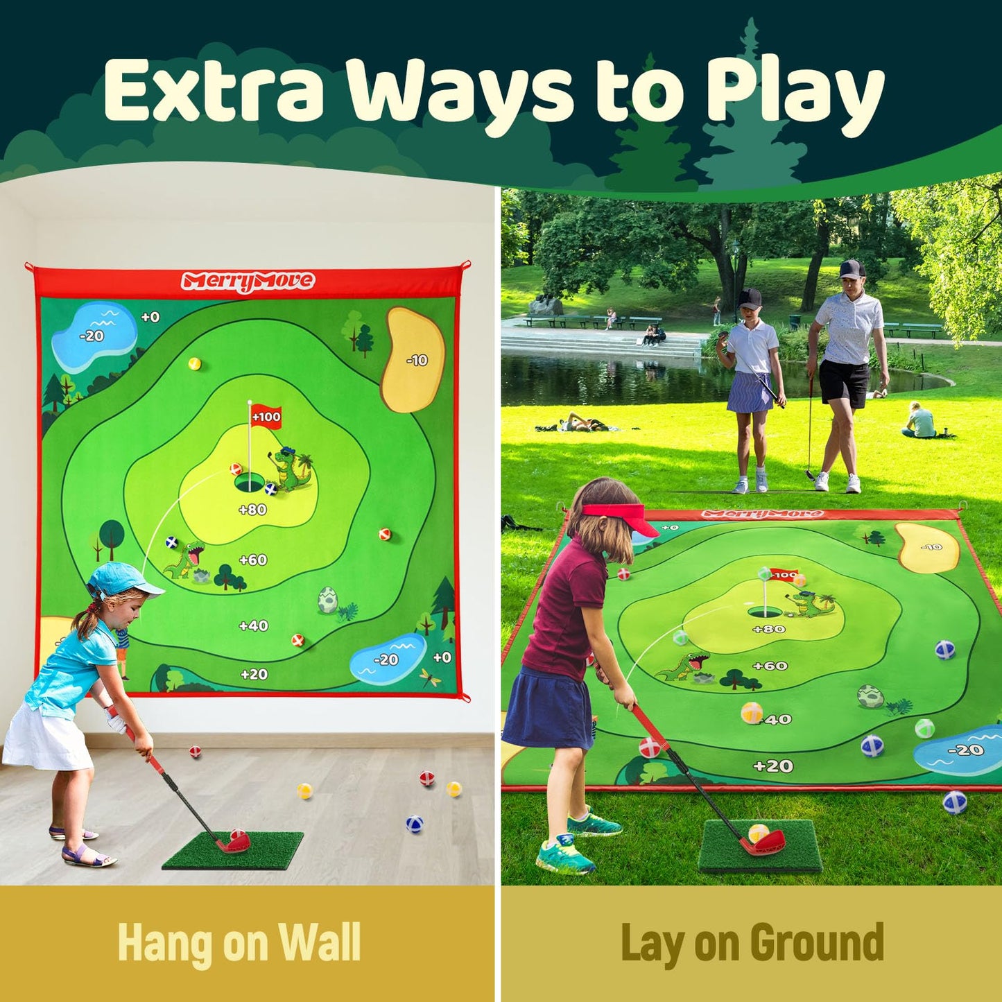 MerryMove Golf Chipping Game Set – Large Mat, Adjustable Club, 20 Sticky Balls