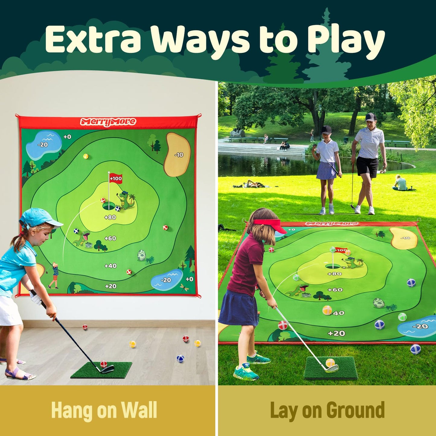 MerryMove Golf Chipping Game Set – Portable 6-Angle Adjustable Practice Mat + 20 Sticky Balls (Clubs Not Included)