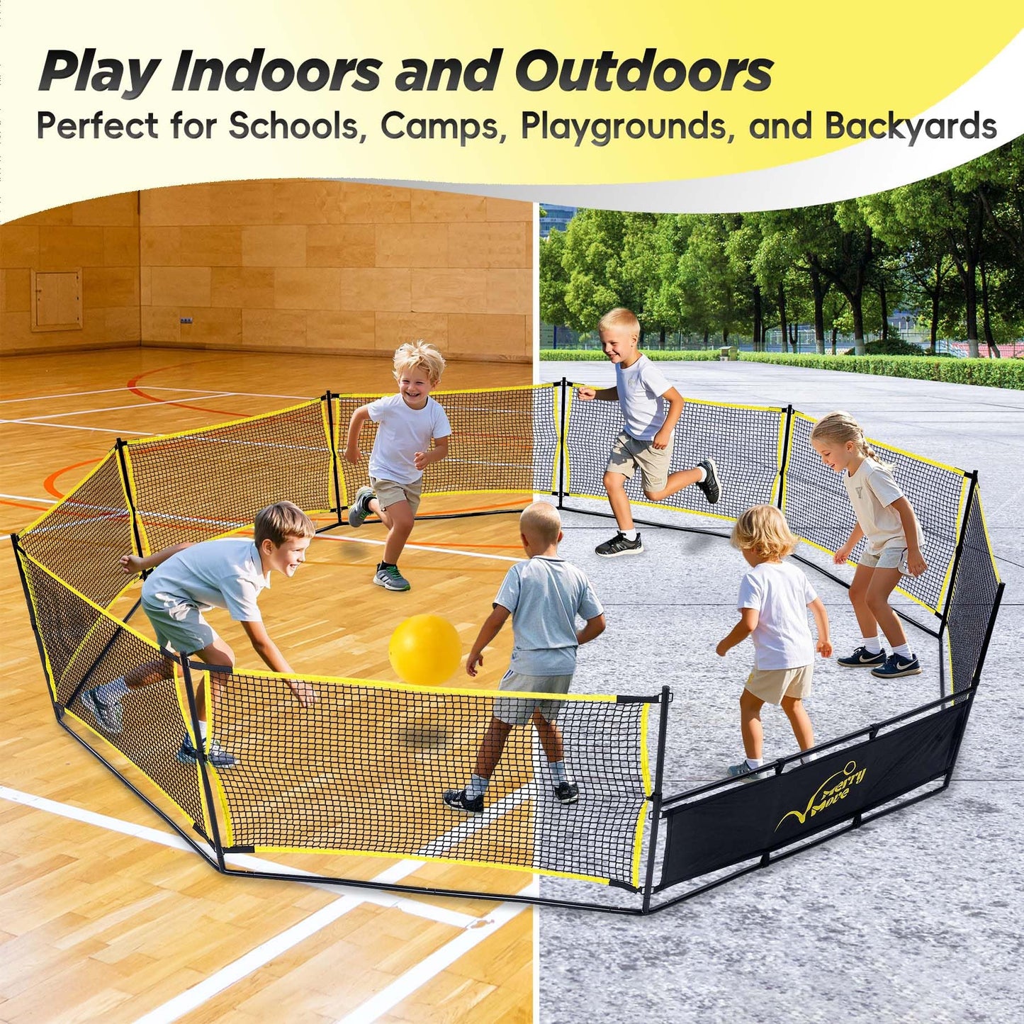 MerryMove 15FT 3-in-1 Gaga Ball Pit with Hoop & Goals | Portable Outdoor Play System