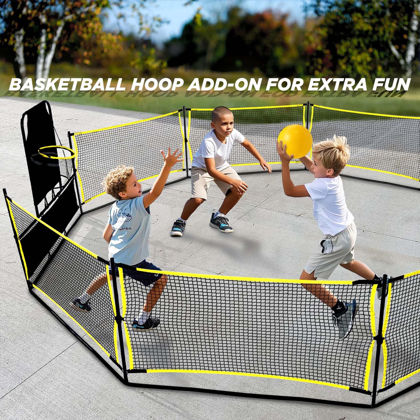MerryMove 15FT 3-in-1 Gaga Ball Pit with Hoop & Goals | Portable Outdoor Play System