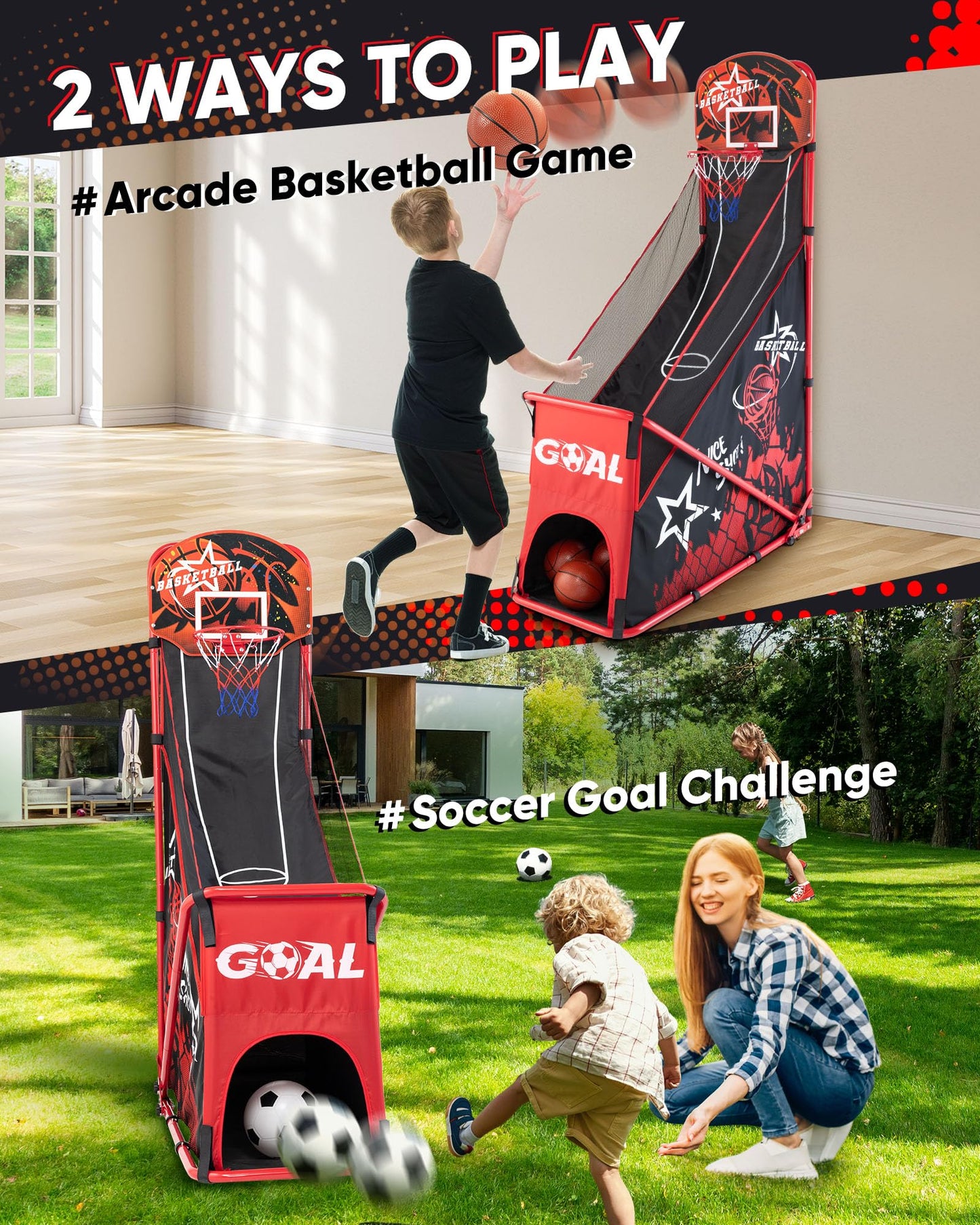 MerryMove 2-in-1 Basketball Arcade & Soccer Goal Set — Foldable Indoor/Outdoor Toy for Ages 3–12
