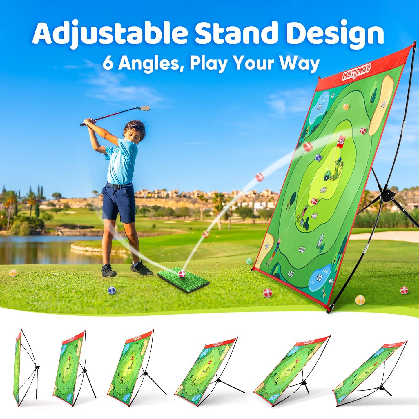 MerryMove Golf Chipping Game Set – Portable 6-Angle Adjustable Practice Mat + 20 Sticky Balls (Clubs Not Included)