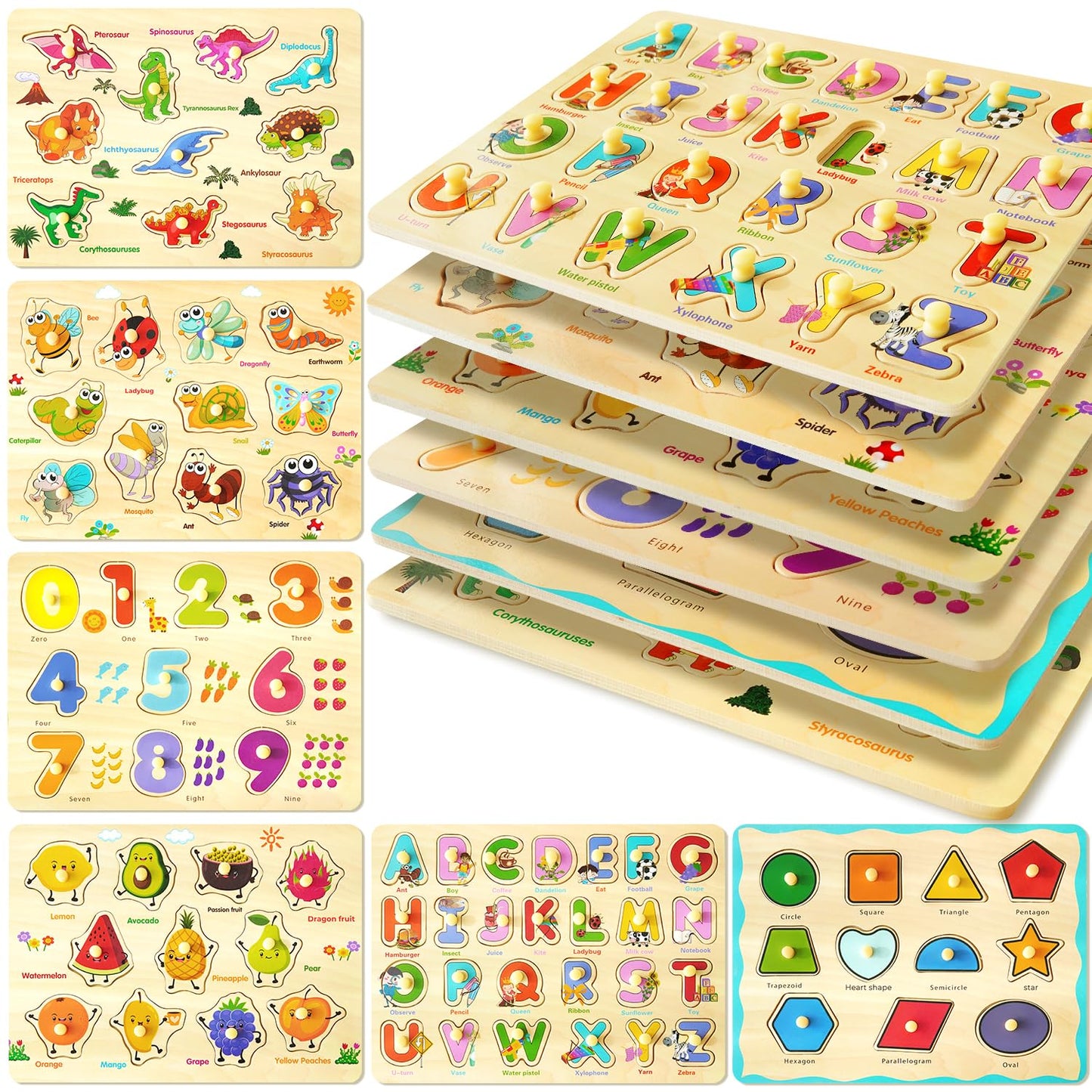 MerryPony Wooden Peg Puzzle Set for Toddlers – 6 Montessori Puzzles (Alphabet, Shapes, Numbers, Fruit, Dinosaur, Insect)
