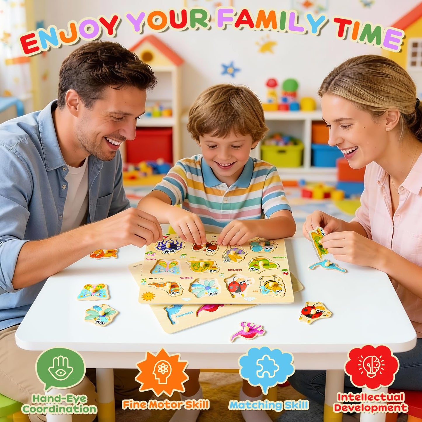 MerryPony Wooden Peg Puzzle Set for Toddlers – 6 Montessori Puzzles (Alphabet, Shapes, Numbers, Fruit, Dinosaur, Insect)