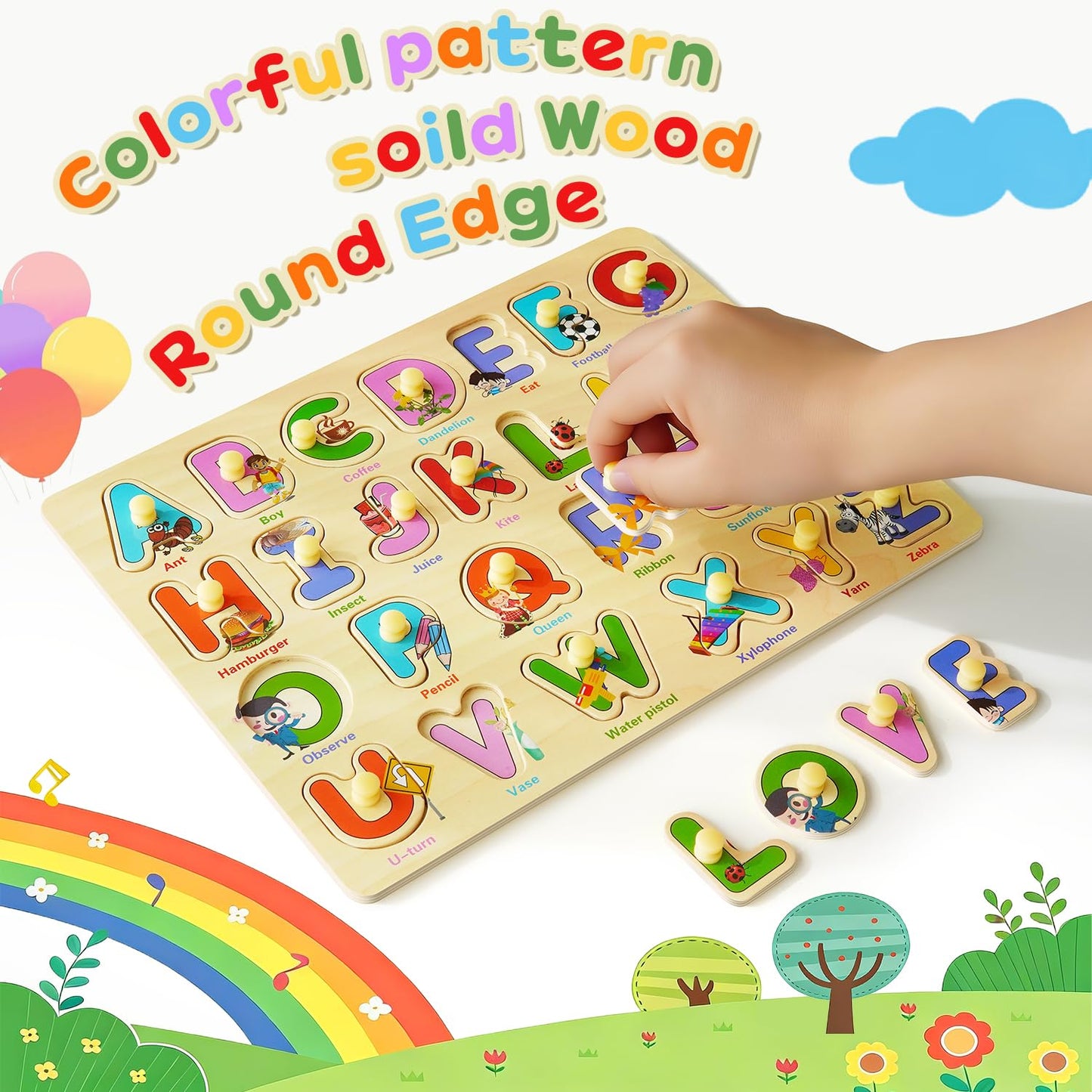MerryPony Wooden Peg Puzzle Set for Toddlers – 6 Montessori Puzzles (Alphabet, Shapes, Numbers, Fruit, Dinosaur, Insect)