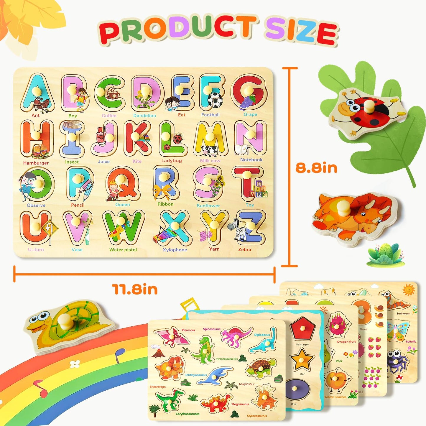MerryPony Wooden Peg Puzzle Set for Toddlers – 6 Montessori Puzzles (Alphabet, Shapes, Numbers, Fruit, Dinosaur, Insect)