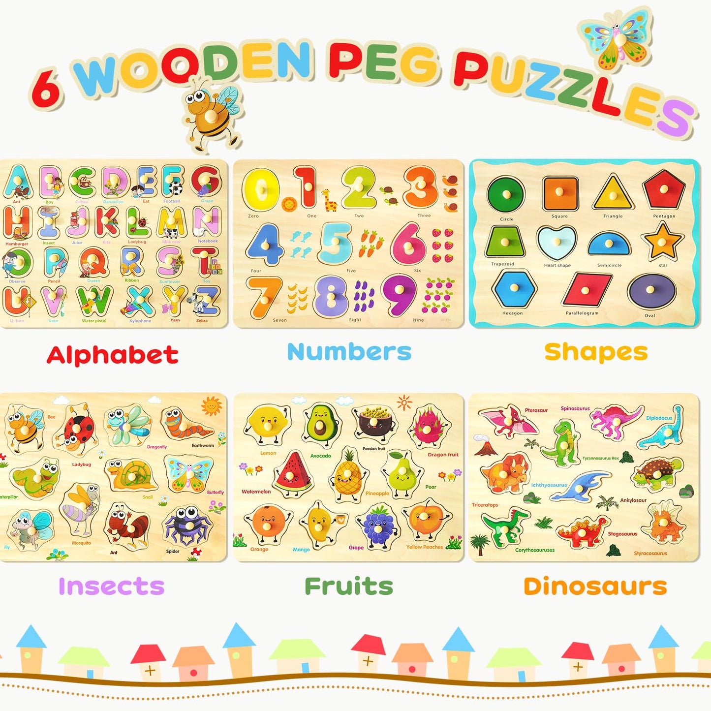 MerryPony Wooden Peg Puzzle Set for Toddlers – 6 Montessori Puzzles (Alphabet, Shapes, Numbers, Fruit, Dinosaur, Insect)