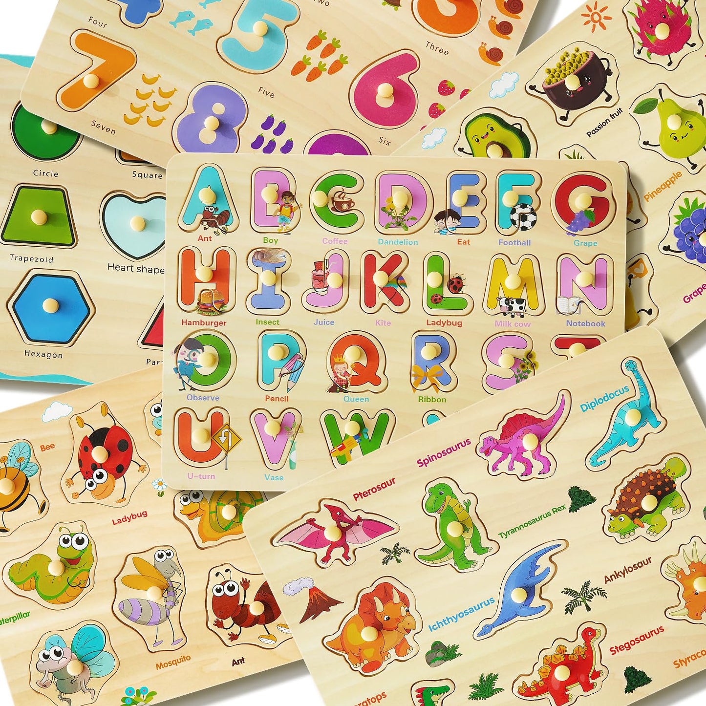 MerryPony Wooden Peg Puzzle Set for Toddlers – 6 Montessori Puzzles (Alphabet, Shapes, Numbers, Fruit, Dinosaur, Insect)