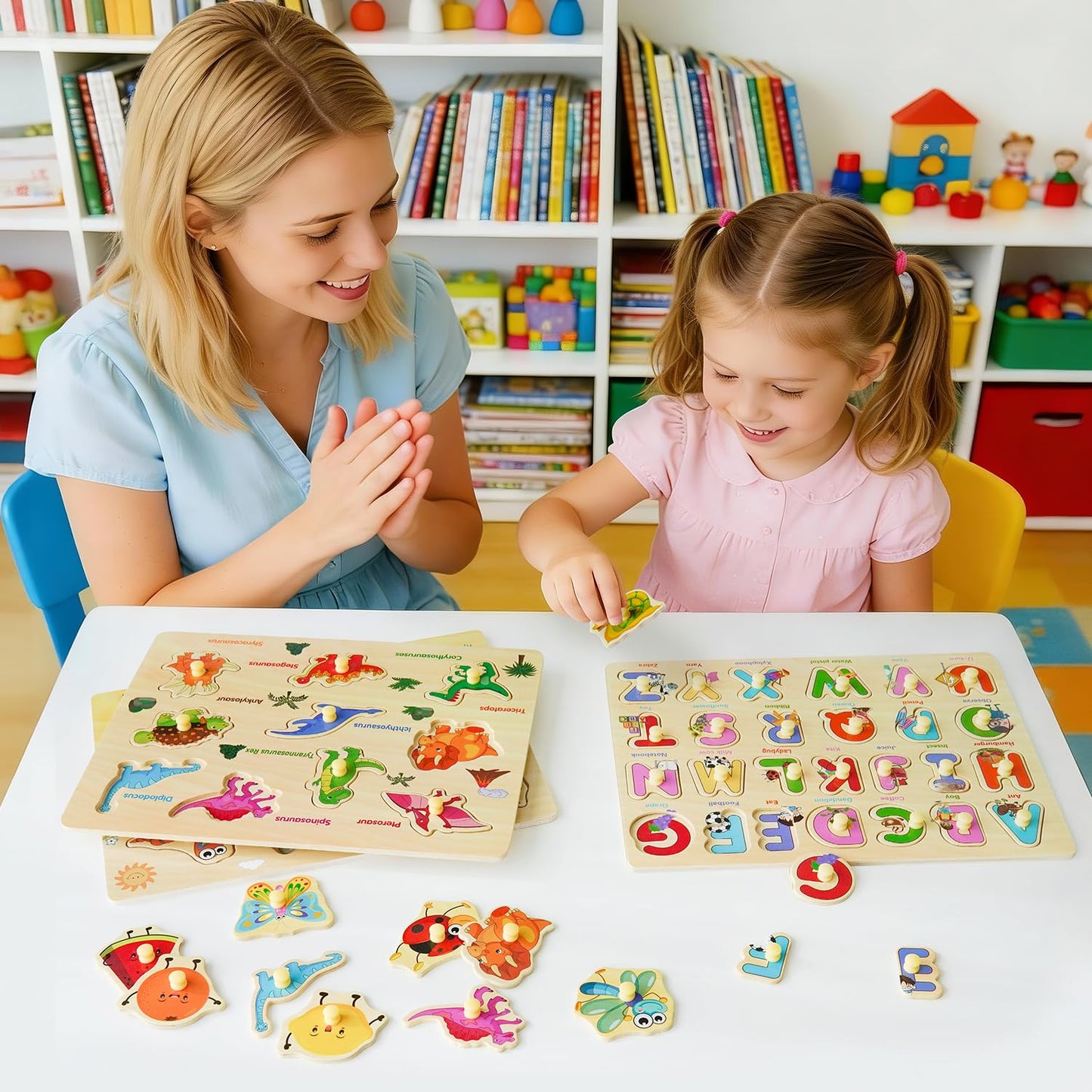 MerryPony Wooden Peg Puzzle Set for Toddlers – 6 Montessori Puzzles (Alphabet, Shapes, Numbers, Fruit, Dinosaur, Insect)