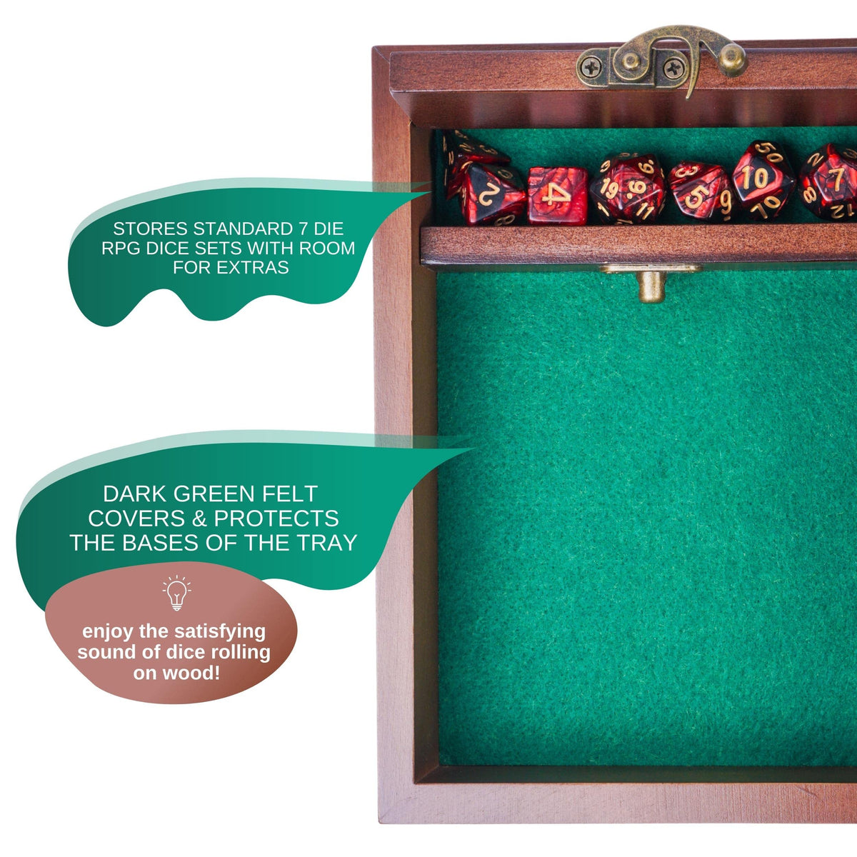 Wooden D&D Dice Tray with Storage Vault — Beech Wood, Green Felt, Metal Latch | Travel Gift