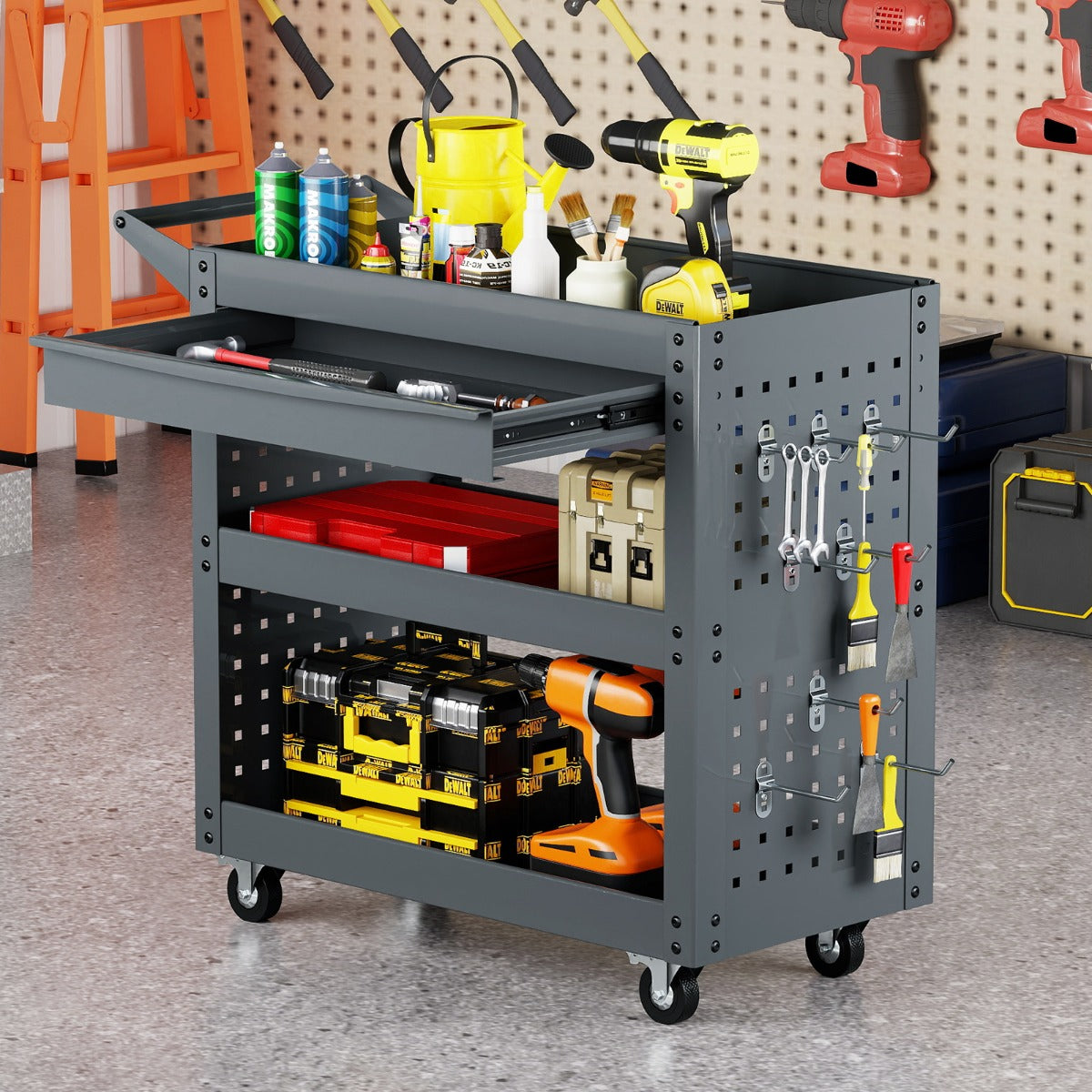 Metal Mechanic Tool Organizer with Large Drawer and 2 Pegboards-Black