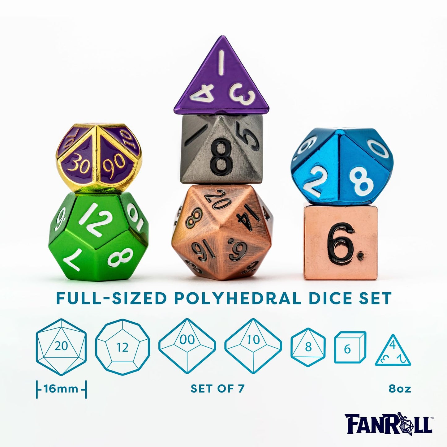 Metallic Dice Games FanRoll Mystery Misfit Metals — Bag of 7 16mm Zinc Metal Dice