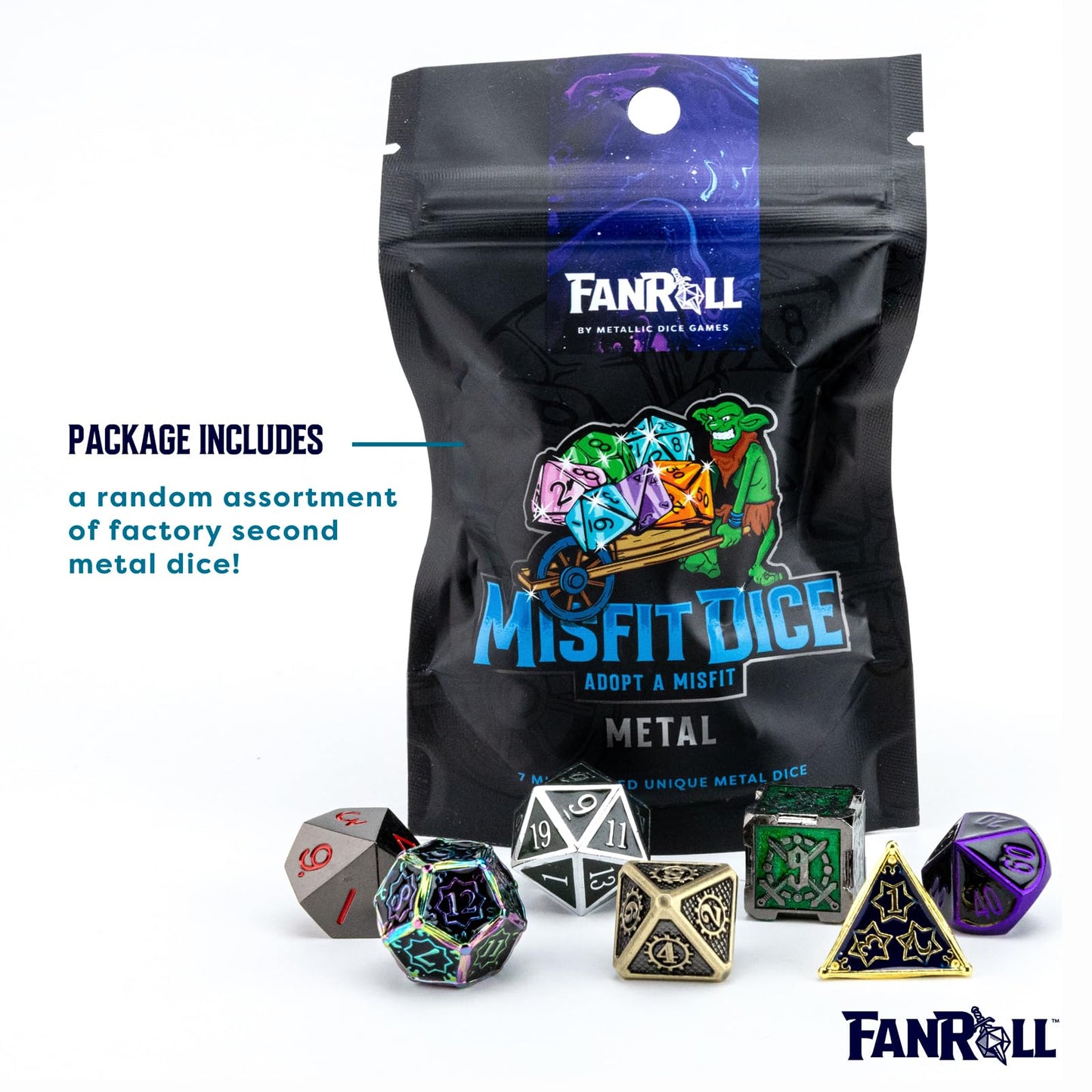 Metallic Dice Games FanRoll Mystery Misfit Metals — Bag of 7 16mm Zinc Metal Dice