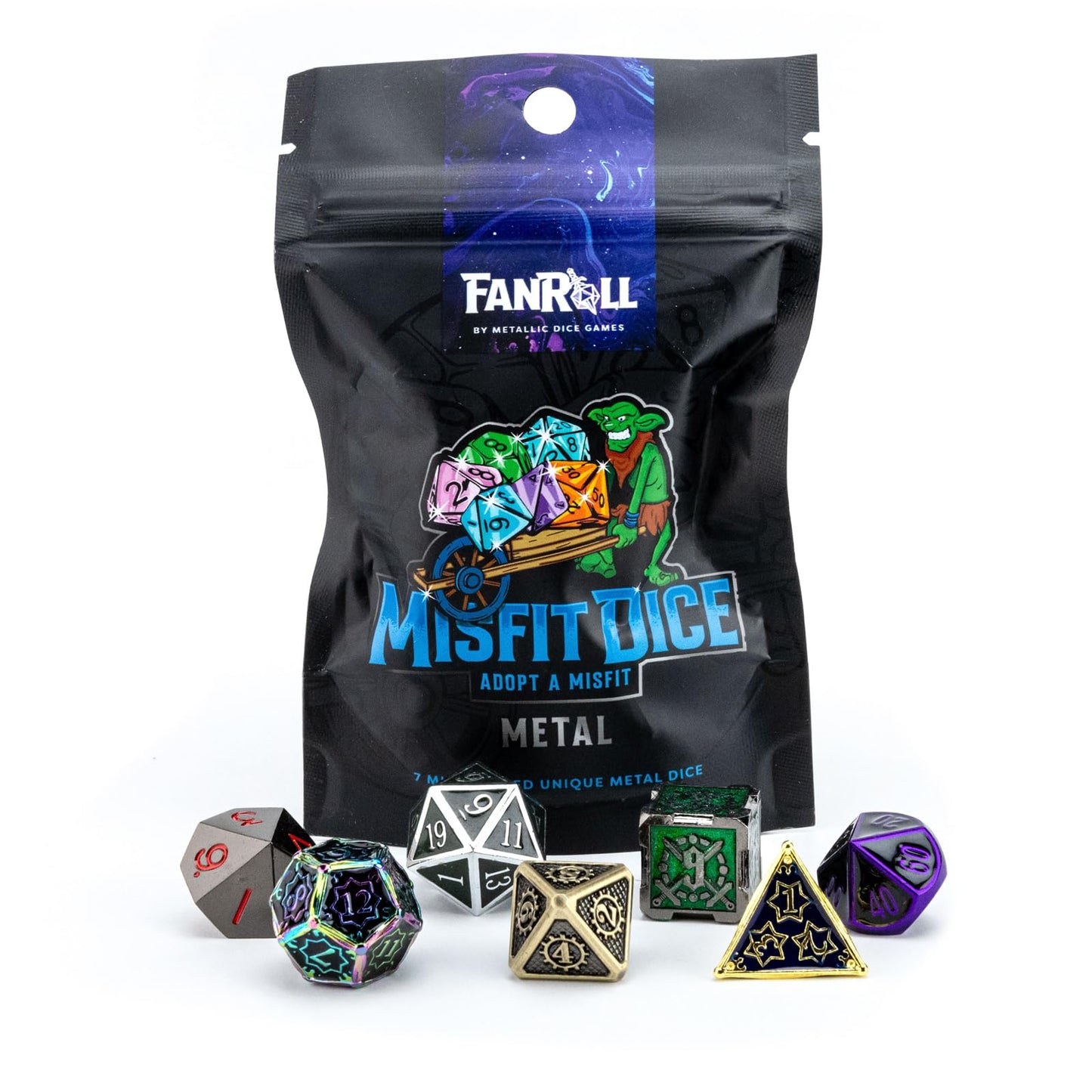 Metallic Dice Games FanRoll Mystery Misfit Metals — Bag of 7 16mm Zinc Metal Dice