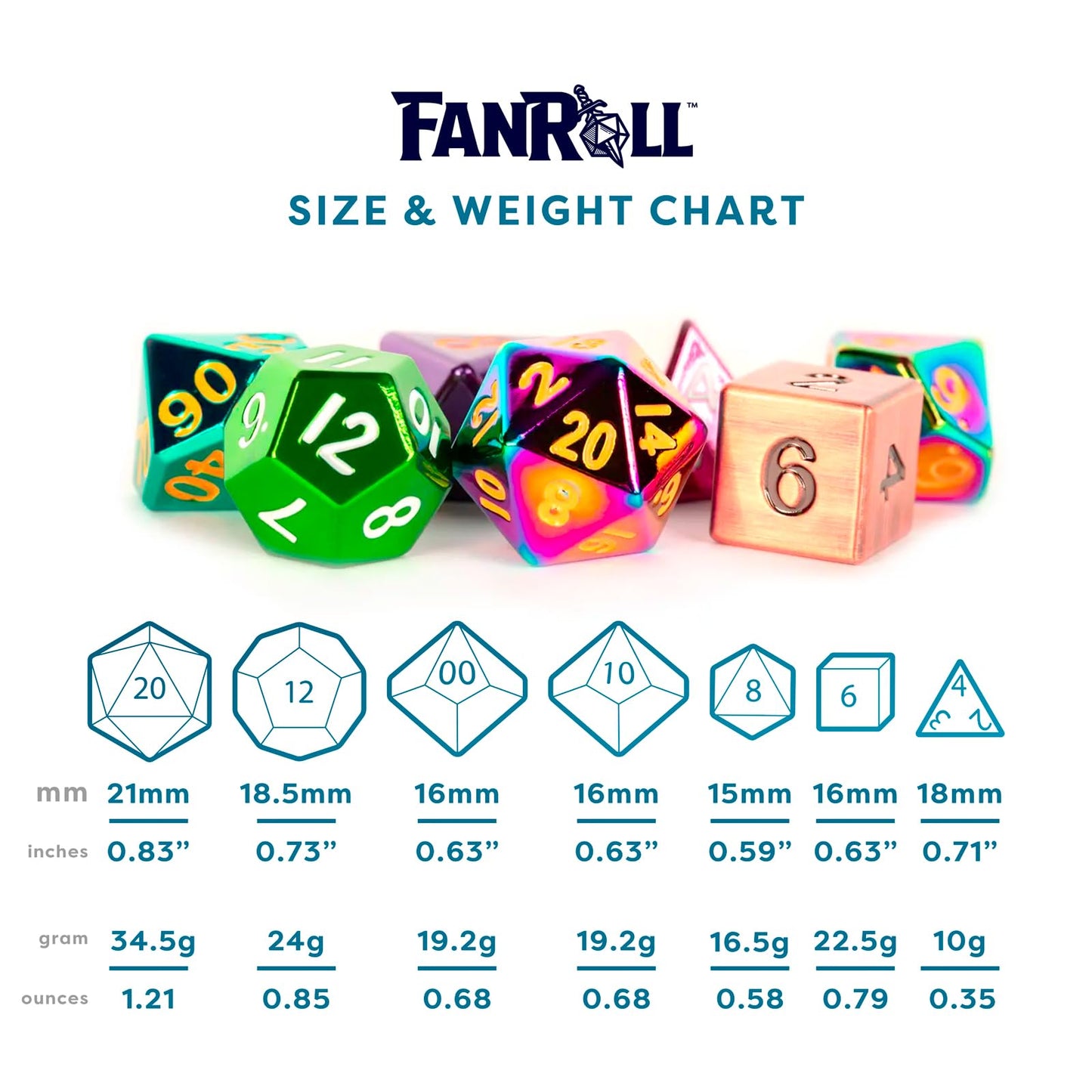 Metallic Dice Games FanRoll Mystery Misfit Metals — Bag of 7 16mm Zinc Metal Dice
