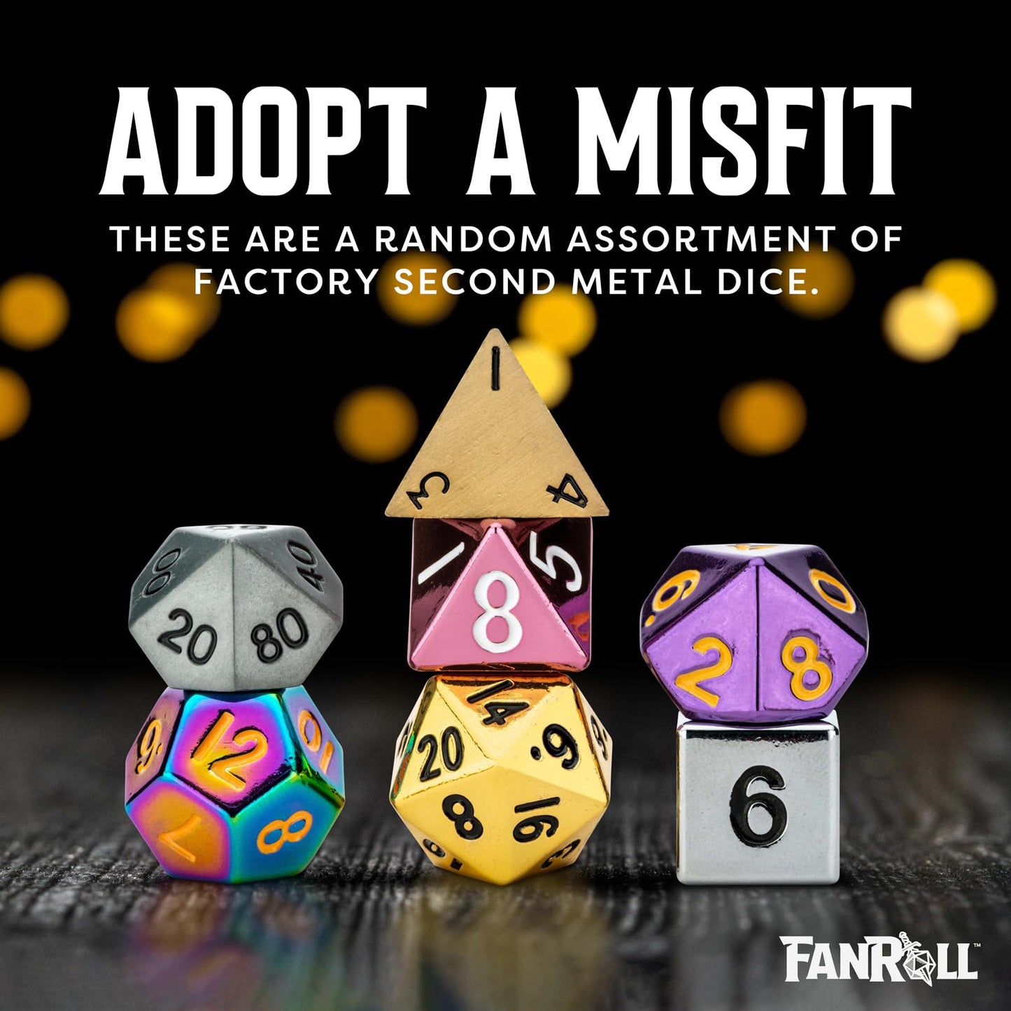 Metallic Dice Games FanRoll Mystery Misfit Metals — Bag of 7 16mm Zinc Metal Dice