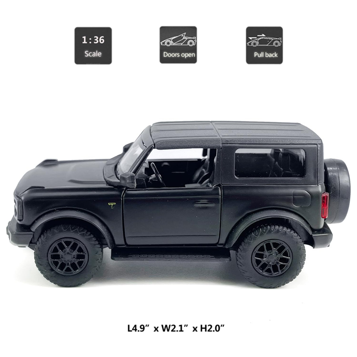 Metanyl 1/36 Bronco Badlands Diecast Car – 2-Door Model with Pull-Back Doors, Black Rim