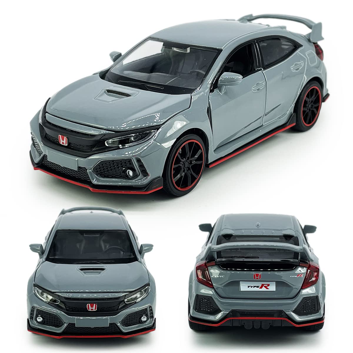 Metanyl Civic Type R Diecast Toy Car 1/32 Scale | Pull-Back, Lights & Sounds, Cement Grey