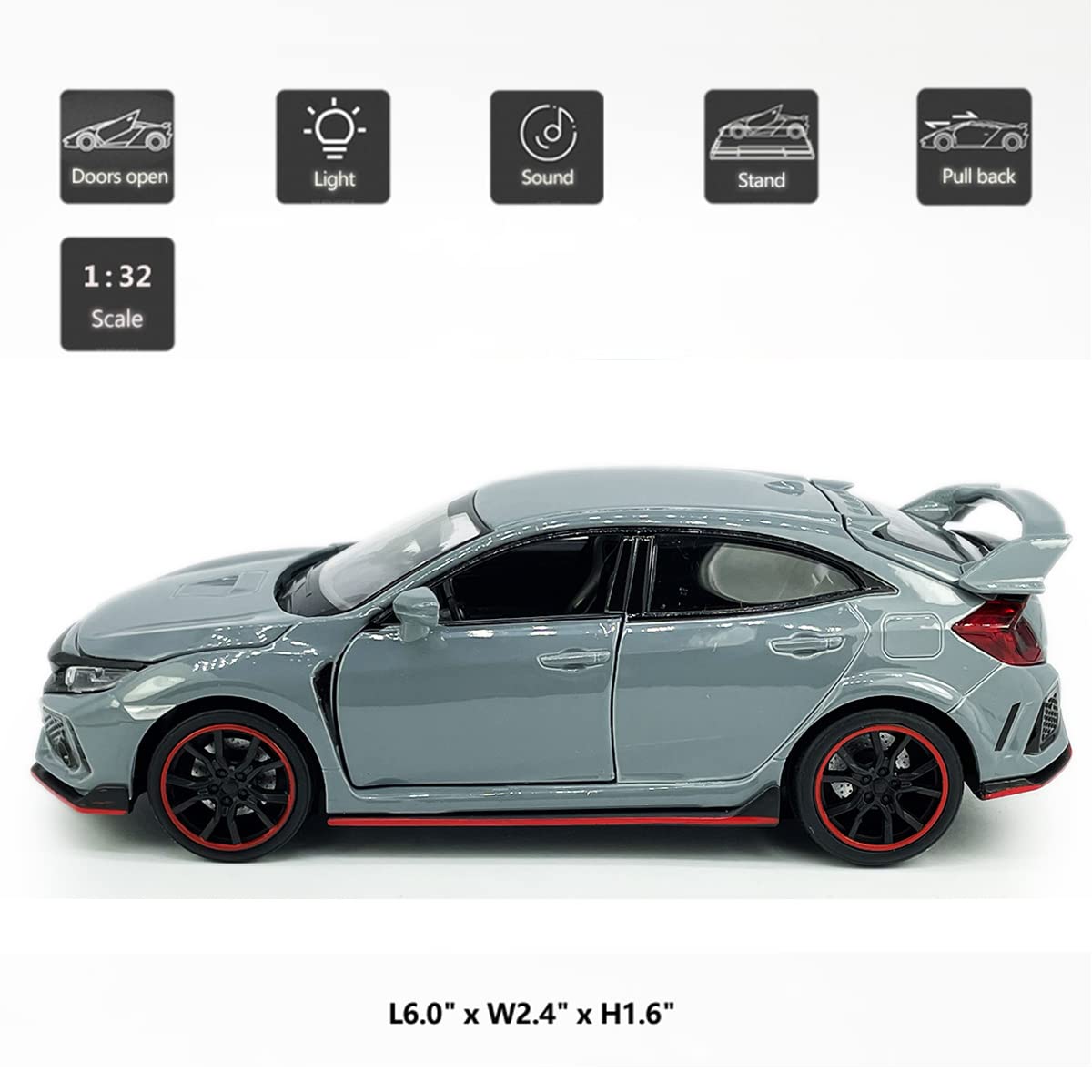Metanyl Civic Type R Diecast Toy Car 1/32 Scale | Pull-Back, Lights & Sounds, Cement Grey
