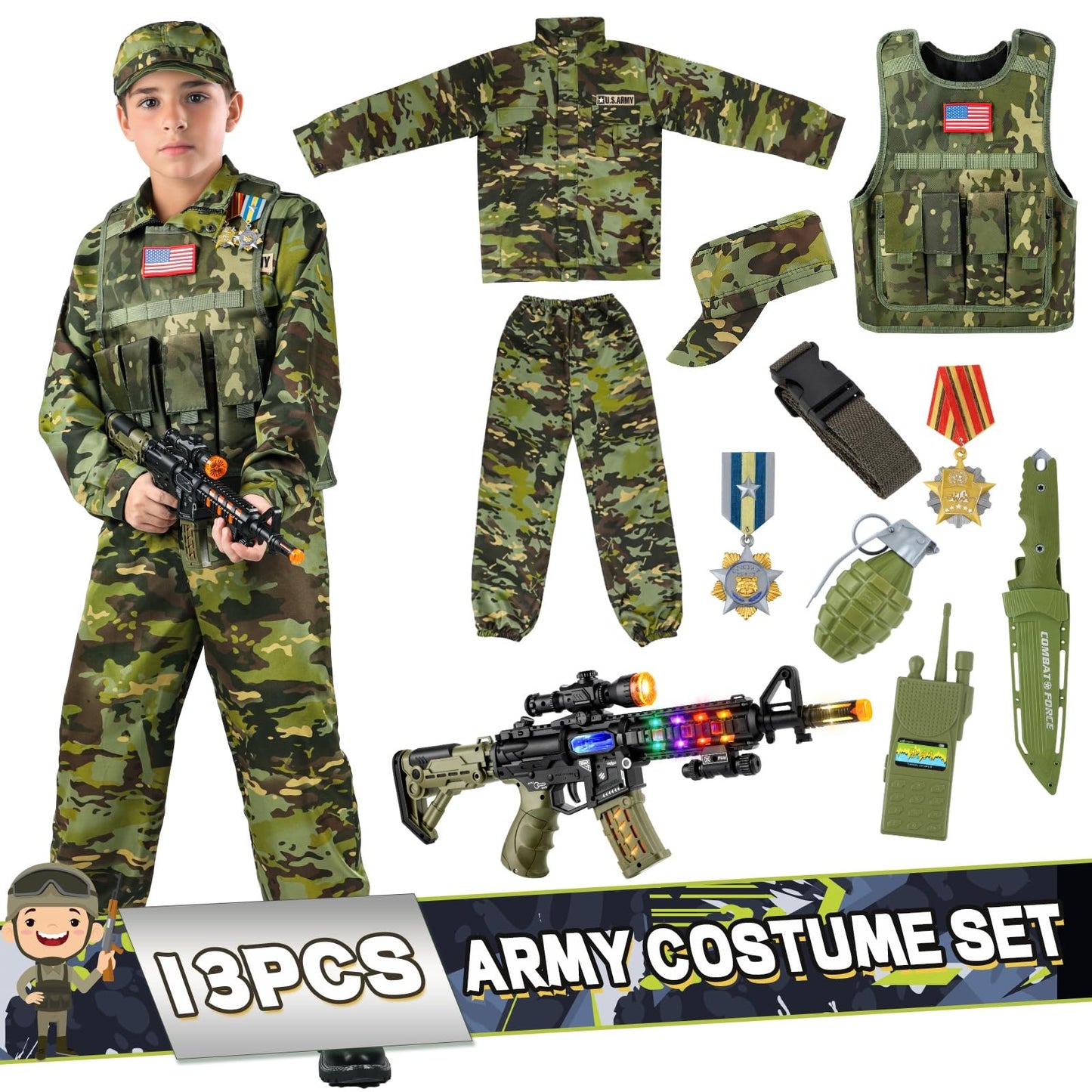 Metemot Kids Army Costume for Boys – Deluxe 5-Piece Soldier Dress-Up (Ages 3-12)