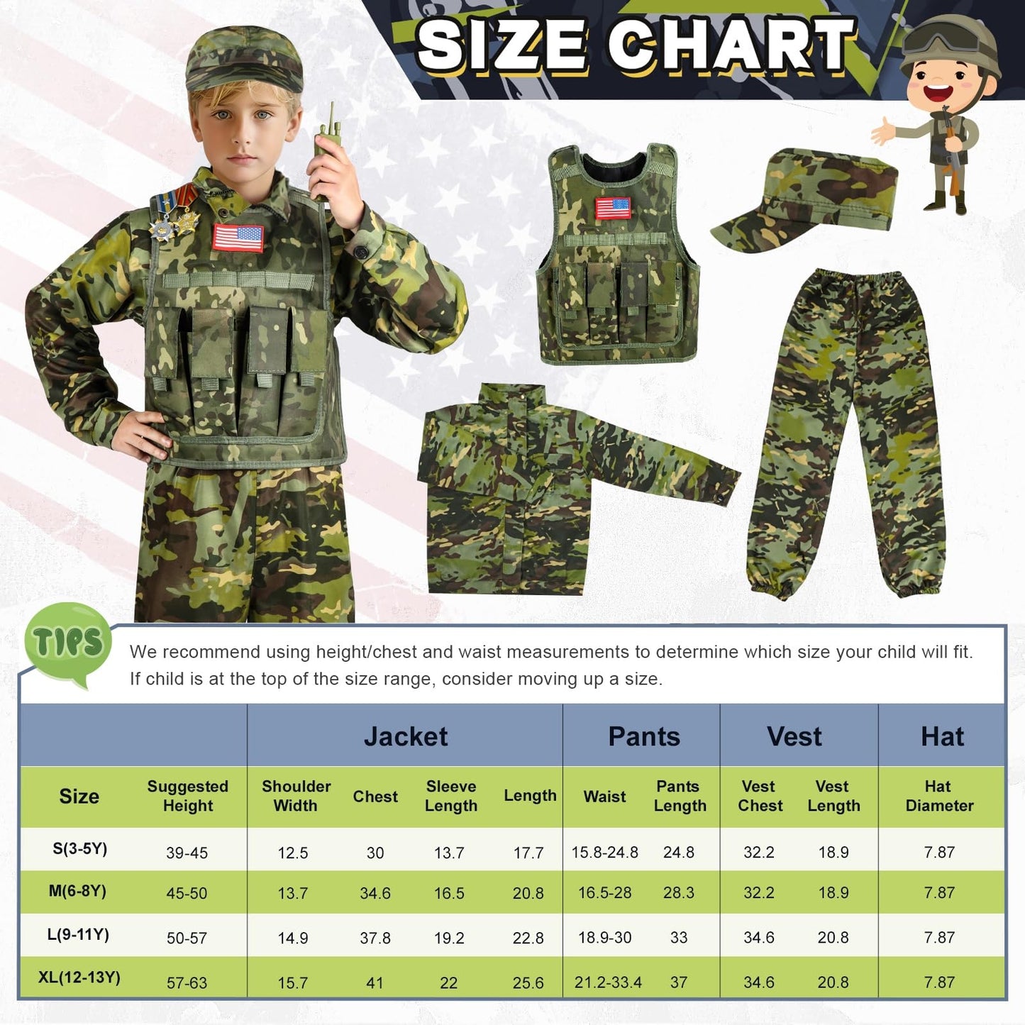 Metemot Kids Army Costume for Boys – Deluxe 5-Piece Soldier Dress-Up (Ages 3-12)
