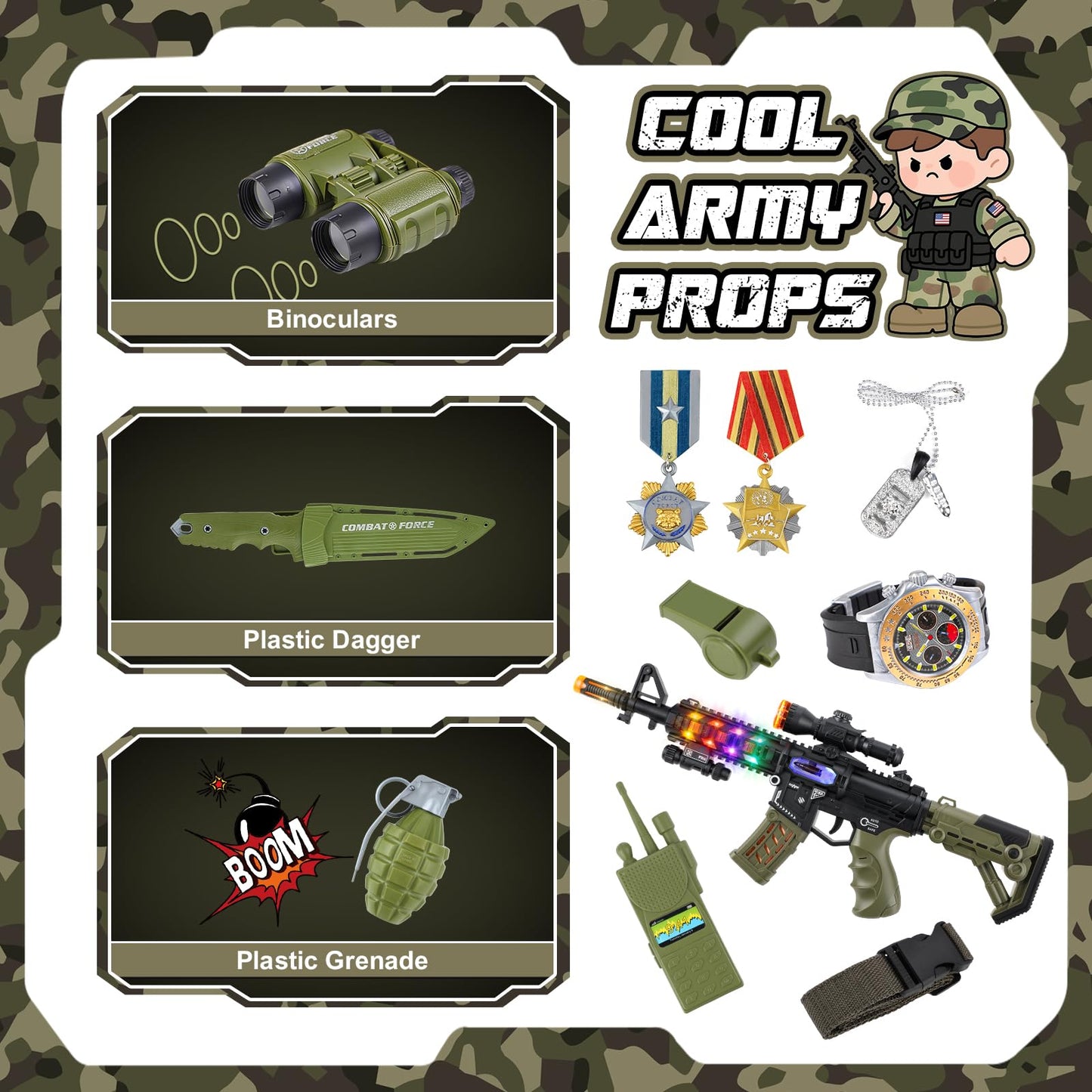 Metemot Kids Army Costume for Boys – 15-Piece Dress-Up Set with Vest & Army Toys